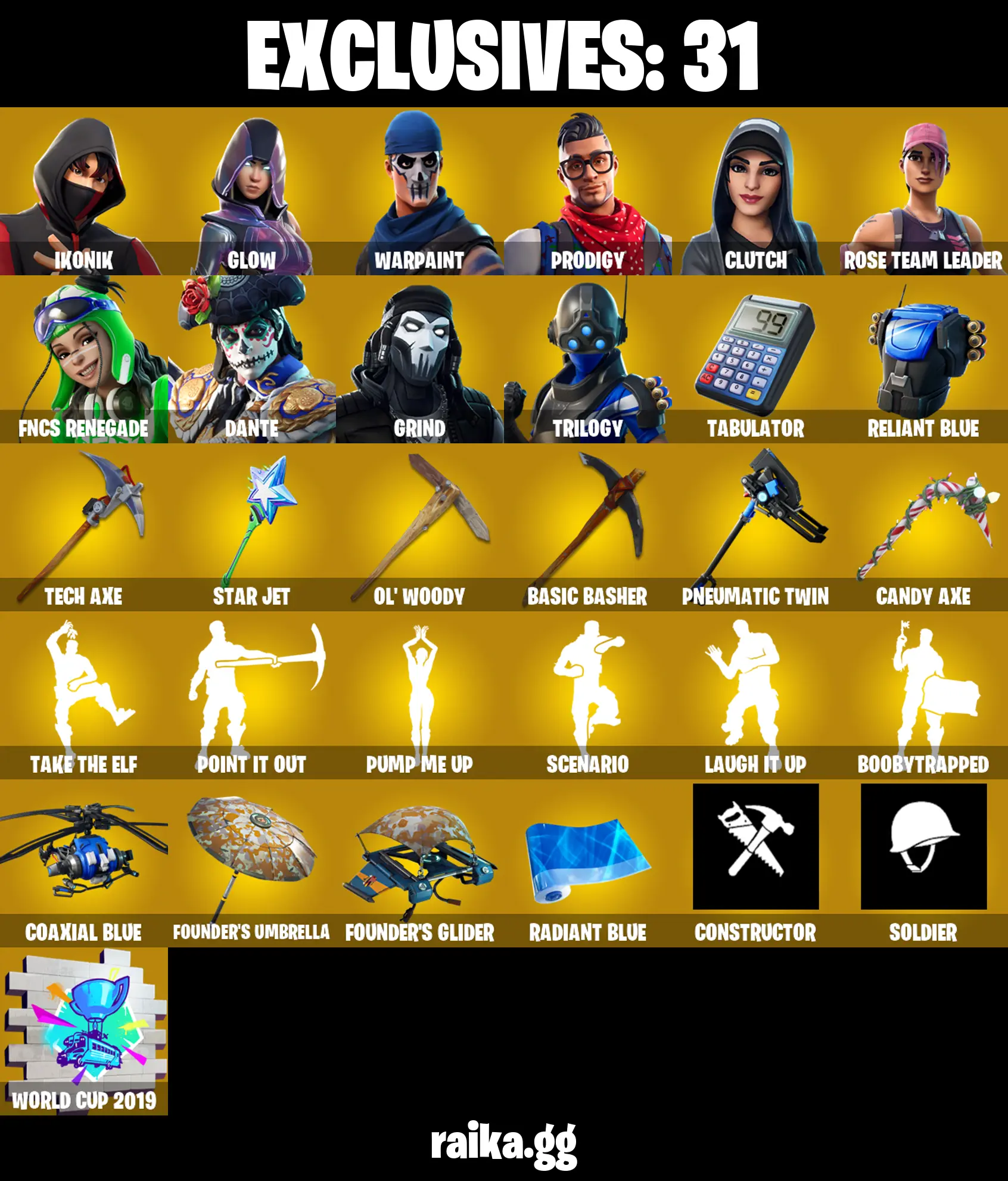 116 SKINS ✨ IKONIK ✨ Glow ✨ Prodigy ✨ Clutch ✨ FNCS Renegade ✨ Dante ✨ Grind ✨ Trilogy ✨ Sentinel ✨ Catalyst ✨ Red Knight ✨ 200 V-Bucks (PC/PSN/XBOX) — image 1