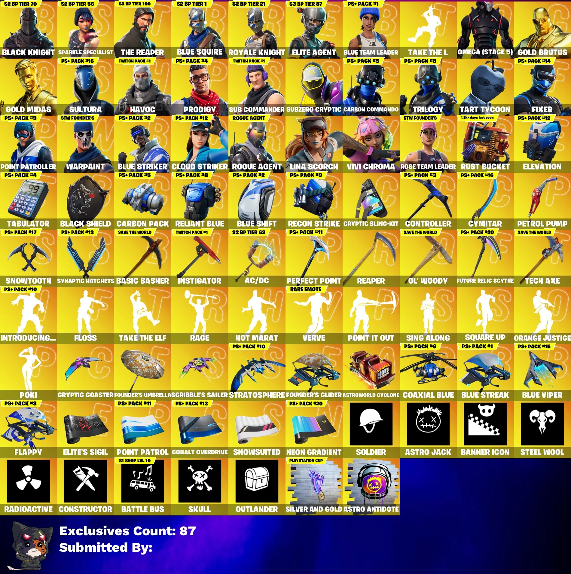 💥🌟 LEGENDARY ACCOUNT 🌟💥 238 SKINS 💎 Black Knight 💎 Sparkle Specialist 💎 The Reaper 💎 Floss 💎 Take The L 💎 Blue Squire 💎 Royale Knight 💎 Elite Agent 💎 Blue Team Leader 💎 Omega (stage 5) 💎 OG STW 💎 FULL ACCESS 💎