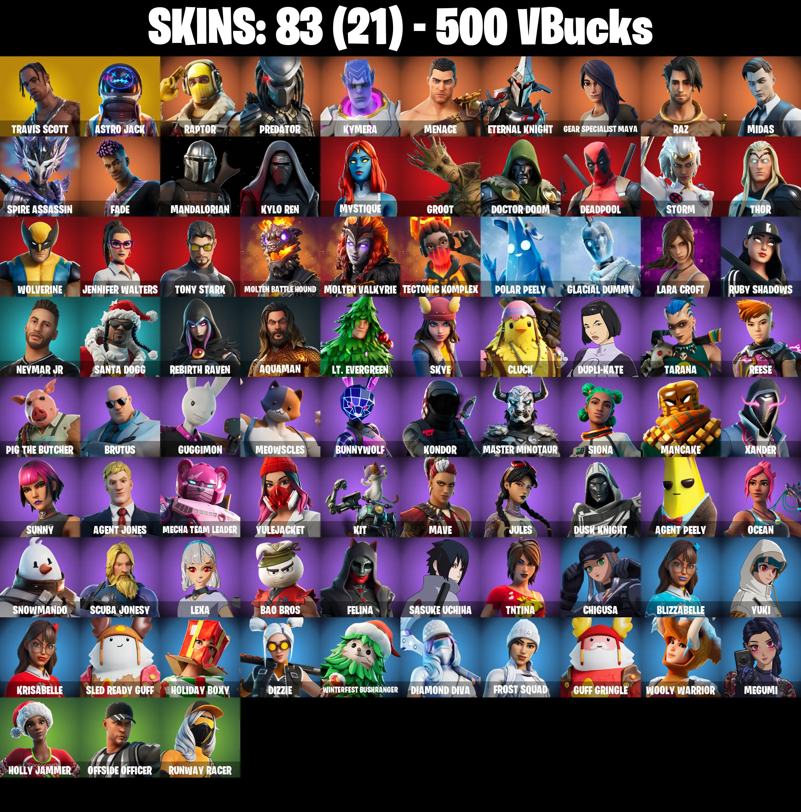 83 SKINS π Travis Scott π Astro Jack π Raptor π Predator π Kymera π Menace π Eternal Knight π Gear Specialist Maya π Raz π Midas π 500 V-Buck (PC/PSN/XBOX) PARENTAL CONTROL β image 3