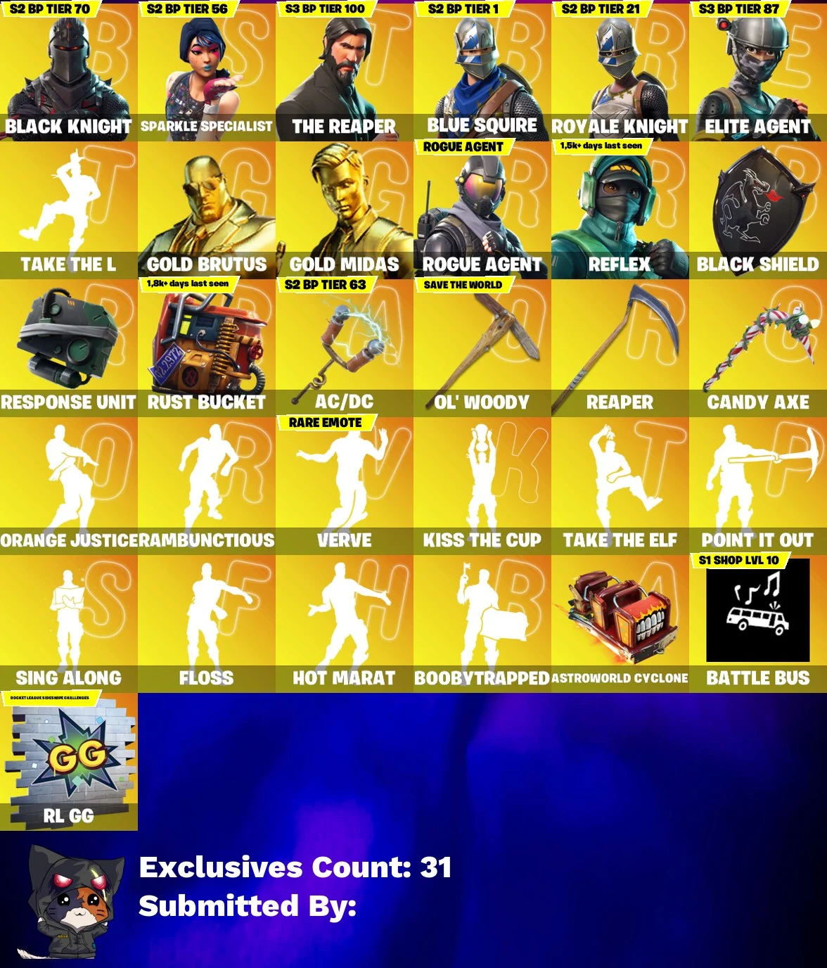 🎒🔥 STACKED OG ACCOUNT 🔥🎒 106 SKINS 💎 Black Knight 💎 Sparkle Specialist 💎 The Reaper 💎 Floss 💎 Take The L 💎 Blue Squire 💎 Royale Knight 💎 Elite Agent 💎 Gold Brutus 💎 Gold Midas 💎 Rogue Agent 💎 Reflex 💎 FULL ACCESS 💎