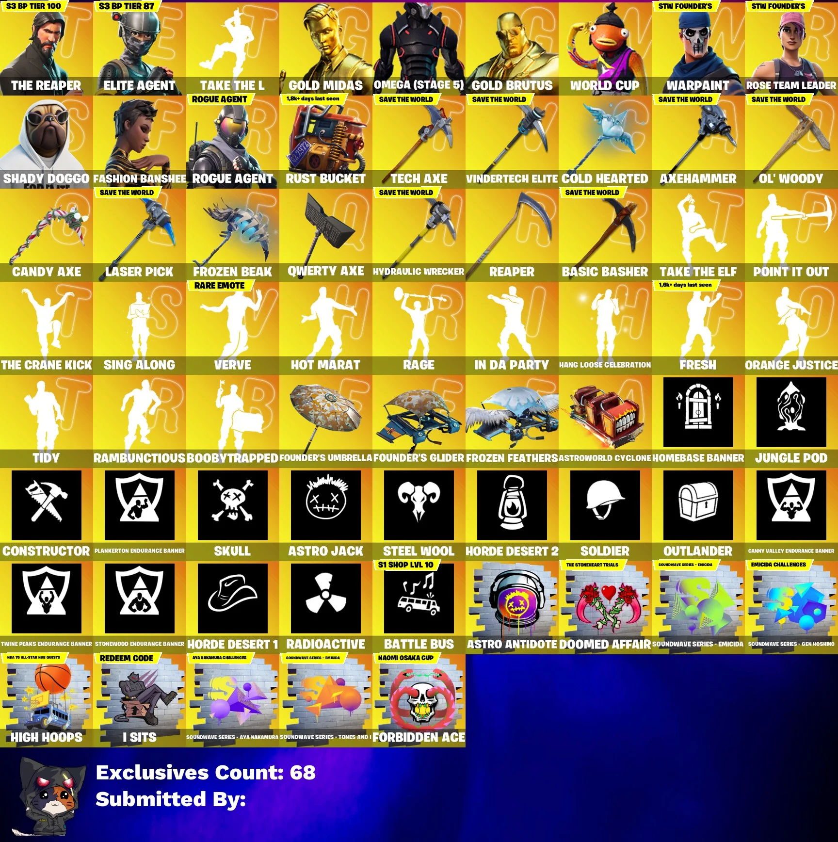 💥🌟 LEGENDARY ACCOUNT 🌟💥 308 SKINS 💎 The Reaper 💎 Take The L 💎 AxeHammer (HIGH STW POWER) 💎 Renegade Raider 💎 Aerial Assault Trooper 💎 Gold Midas 💎 Omega (stage 5) 💎 Gold Brutus 💎 WORLD CUP 💎 OG STW 💎 FULL ACCESS 💎