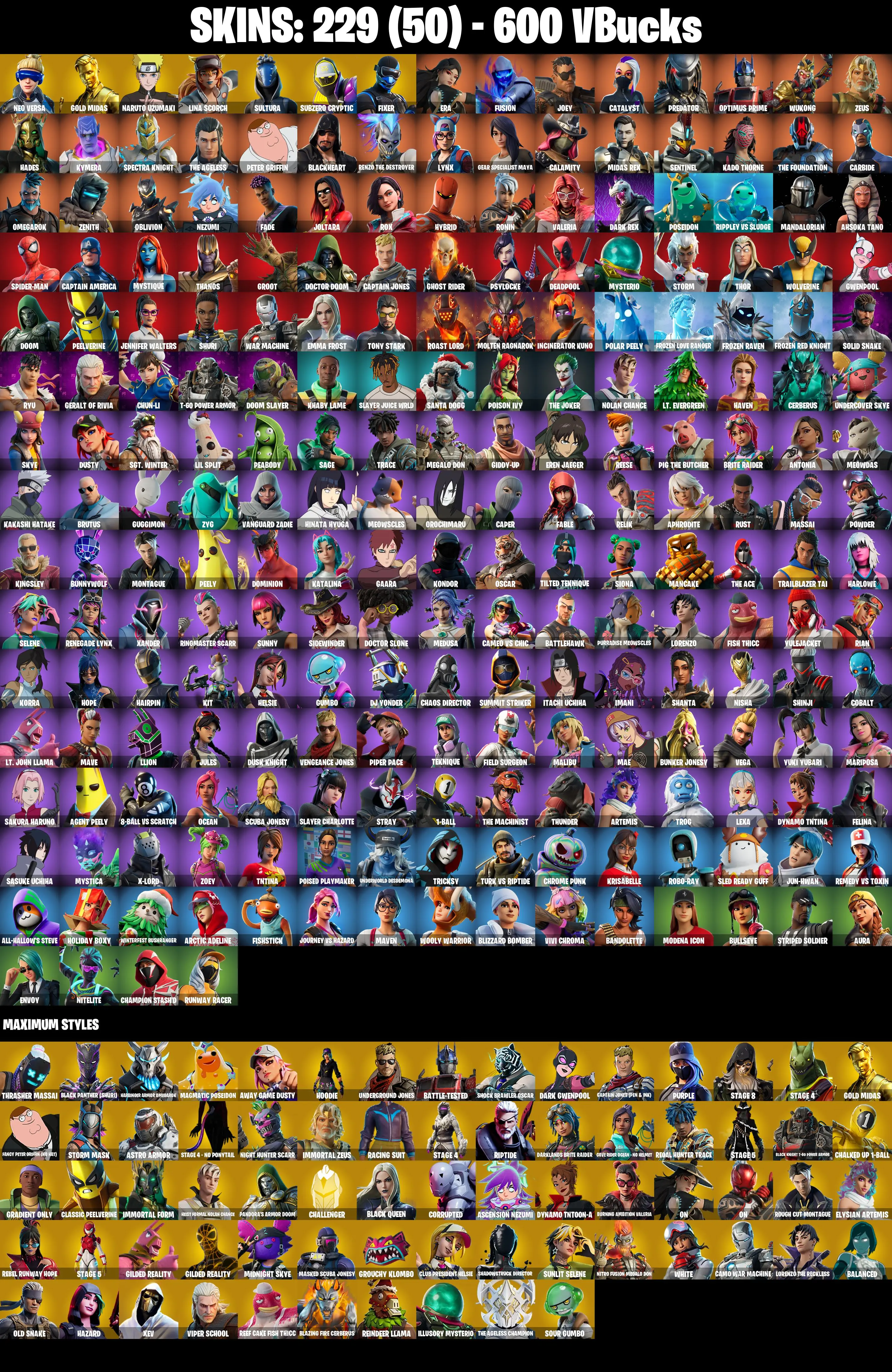 229 SKINS π Neo Versa π Gold Midas π Naruto Uzumaki π Lina Scorch π Sultura π Subzero Cryptic π Fixer π Era π 600 V-Buck (PC/PSN/XBOX) PARENTAL CONTROL β image 3