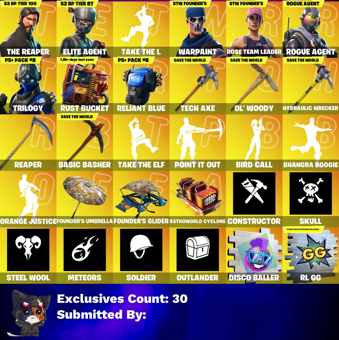 💥🌟 LIMITED OFFER 🌟💥 190 SKINS 💎 The Reaper 💎 Take The L 💎 Renegade Raider 💎 Aerial Assault Trooper 💎 Rogue Agent 💎 Trilogy 💎 Ultima Knight 💎 Midas 💎 Sorana 💎 Carbide 💎 Omega 💎 Blackheart 💎 OG STW 💎 FULL ACCESS 💎