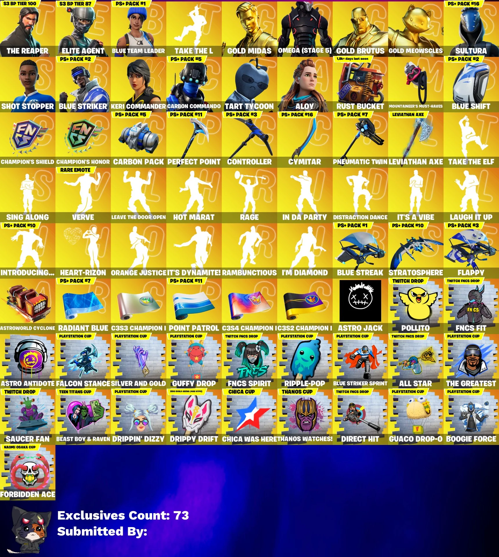 🎒🔥 STACKED OG ACCOUNT 🔥🎒 204 SKINS 💎 The Reaper 💎 Leviathan Axe 💎 Take The L 💎 Elite Agent 💎 Blue Team Leader 💎 Gold Midas 💎 Omega (stage 5) 💎 Gold Brutus 💎 Gold Meowscles 💎 Sultura 💎 Shot Stopper 💎 FULL ACCESS 💎