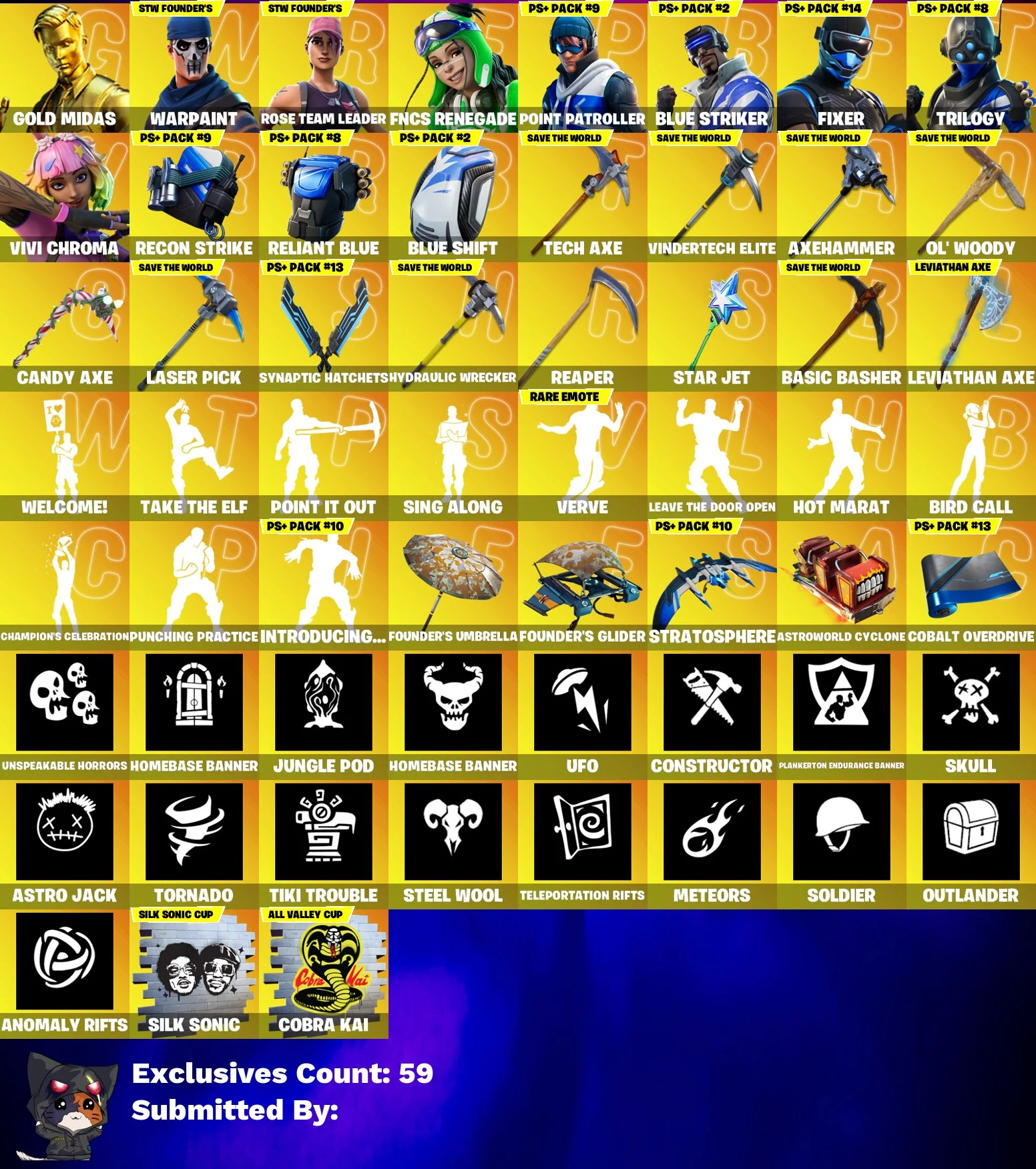 💥🌟 EXCLUSIVE OFFER 🌟💥 230 SKINS 💎 Leviathan Axe 💎 AxeHammer (HIGH STW POWER) 💎 Renegade Raider 💎 Gold Midas 💎 FNCS Renegade 💎 Point Patroller 💎 Blue Striker 💎 Fixer 💎 Trilogy 💎 Vivi Chroma 💎 OG STW 💎 FULL ACCESS 💎