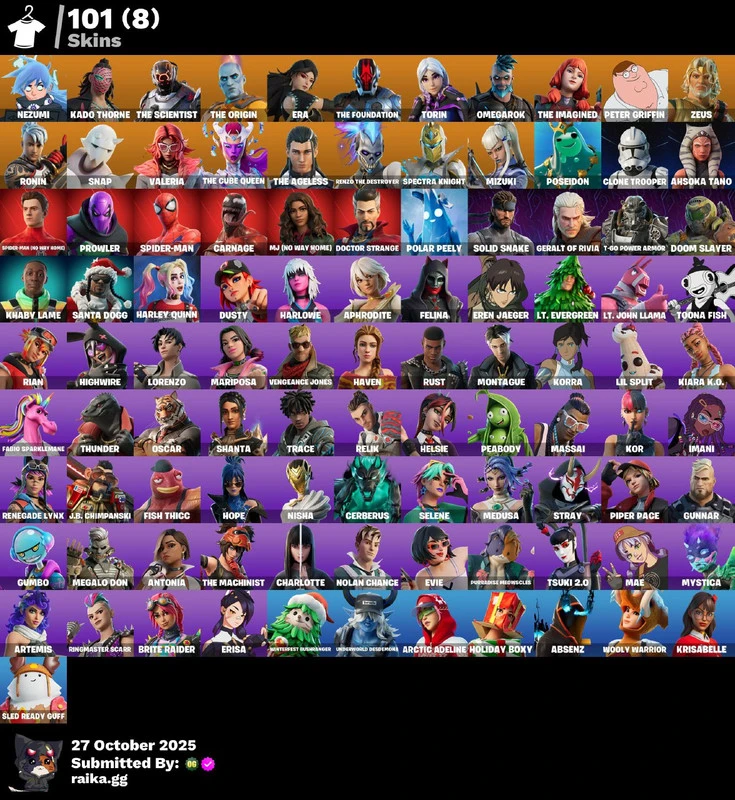 101 skins | Nezumi | Kado Thorne | The Scientist | The Origin | Era | The Foundation | Torin | Omegarok | The Imagined | Peter Griffin | Zeus | 1550 VB