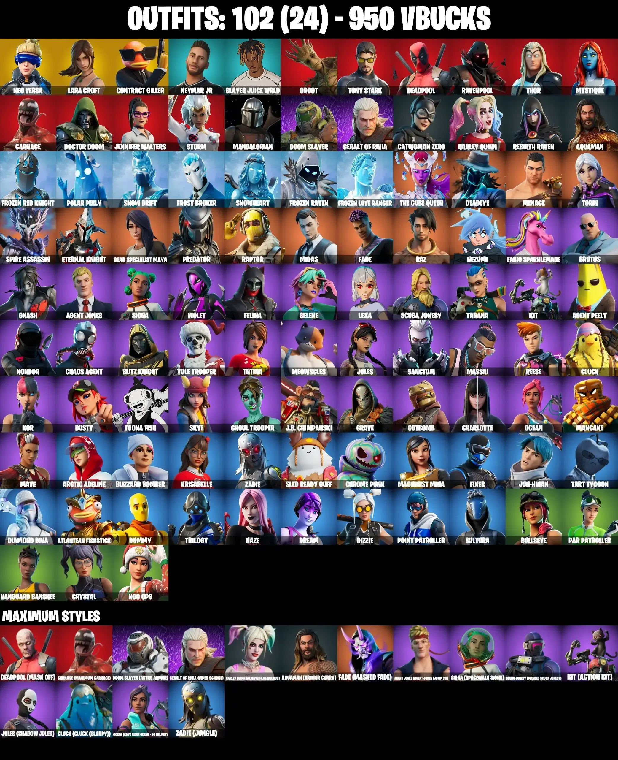 102 SKINS ⸱ LAUGH IT UP ⸱ CONTRACT FILLER ⸱ NEO VERSA ⸱ LARA CROFT ⸱ GHOUL TROOPER ⸱ HARLEY QUINN ⸱ CATWOMAN ZERO ⸱ DEADEYE ⸱ MAYA ⸱ MIDAS ⸱ FADE ⸱ GNASH ⸱ LEXA ⸱ TNTINA ⸱ DUSTY ⸱ HELSIE ⸱ KOR ⸱ SKYE ⸱ MANCAKE ⸱ DUMMY ⸱ ATLANTEAN — screenshot 1