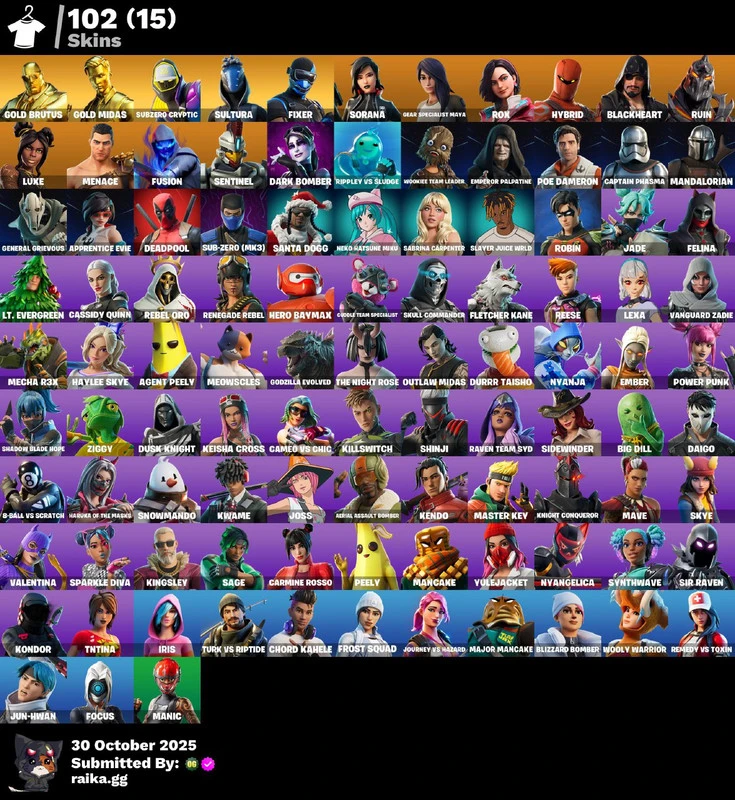 102 skins | Gold Brutus | Gold Midas | Subzero Cryptic | Sultura | Fixer | Sorana | Gear Specialist Maya | Rox | Hybrid | Blackheart | Ruin | 800 VB