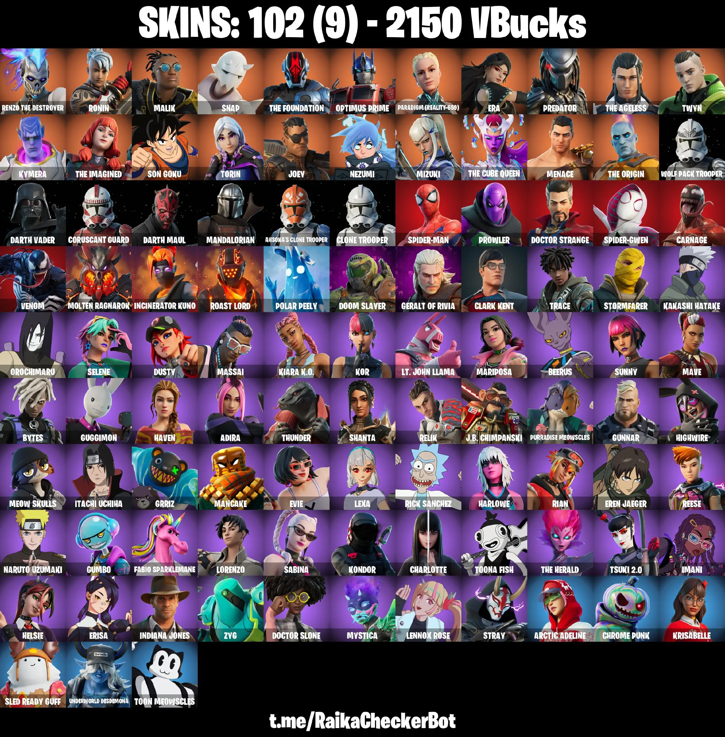 👑102 Skins 👑PC/PSN/XBOX👑 Renzo the Destroyer 👑 Ronin 👑 Malik 👑 Snap 👑 The Foundation 👑 Optimus Prime 👑 Paradigm (Reality-659) 👑 Era 👑 Predator 👑