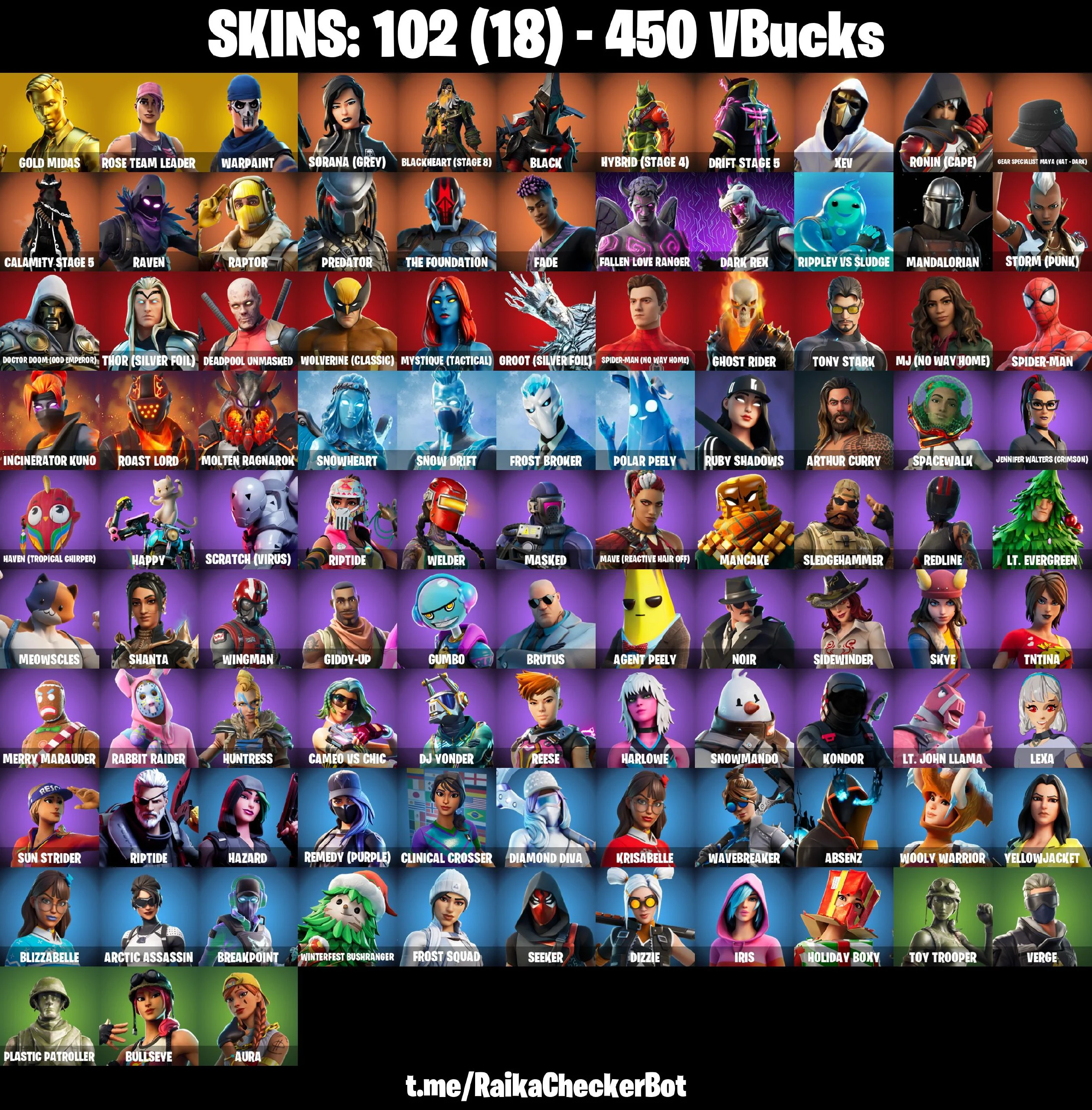 102 SKINS | OG STW | Gold Midas | Breakpoint | Reaper | Take The Elf | Rage | Orange Justice | Tony Stark | Mandalorian | Raven | Aura | [PC/PSN/XBOX] | 450 VB