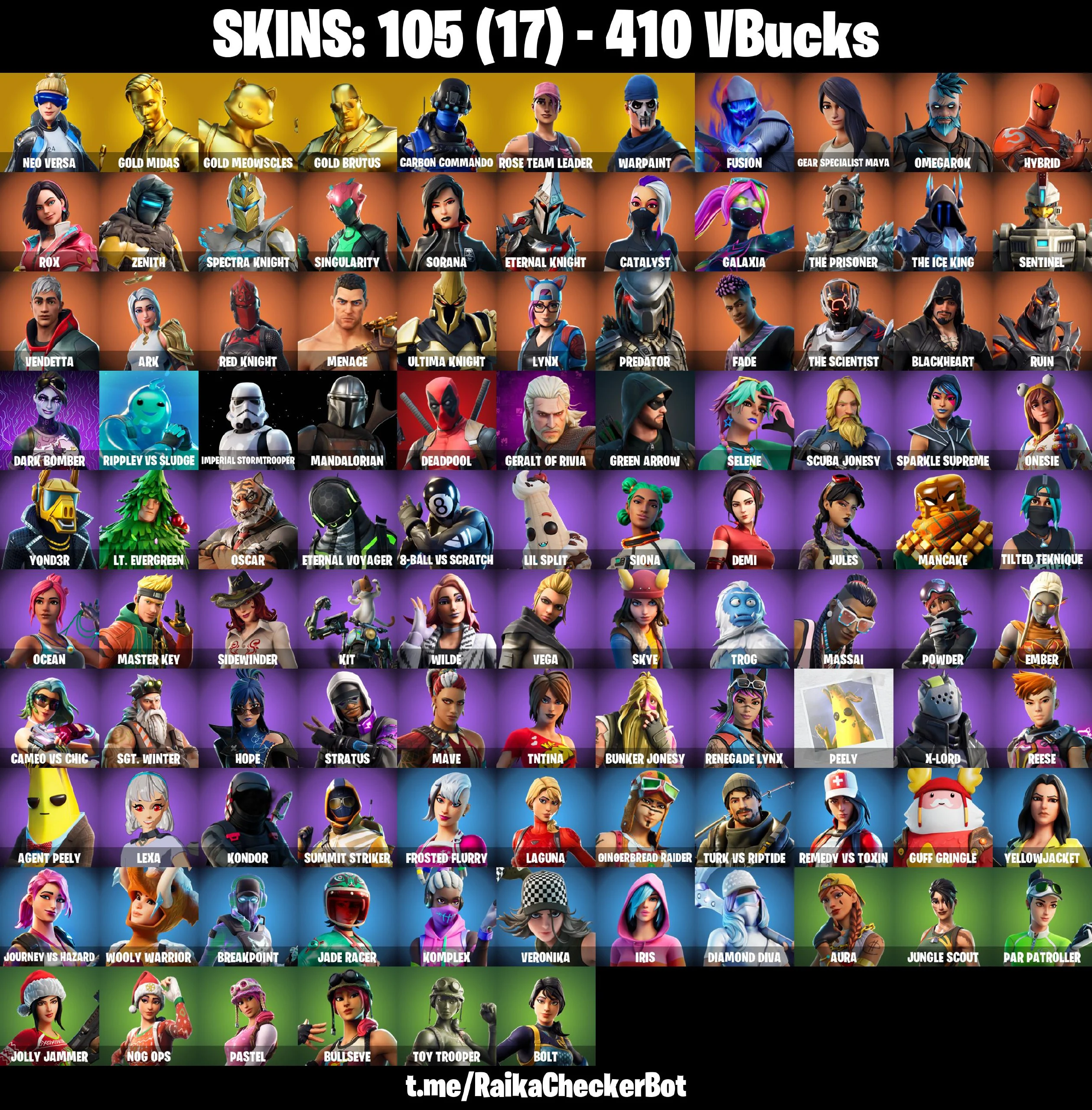 105 SKINS | OG STW | Neo Versa | Gold Midas | Breakpoint | Take The Elf | Rage | Dark Bomber | Red Knight | Mandalorian | Peely | Ark | [PC/PSN/XBOX] | 410 VB