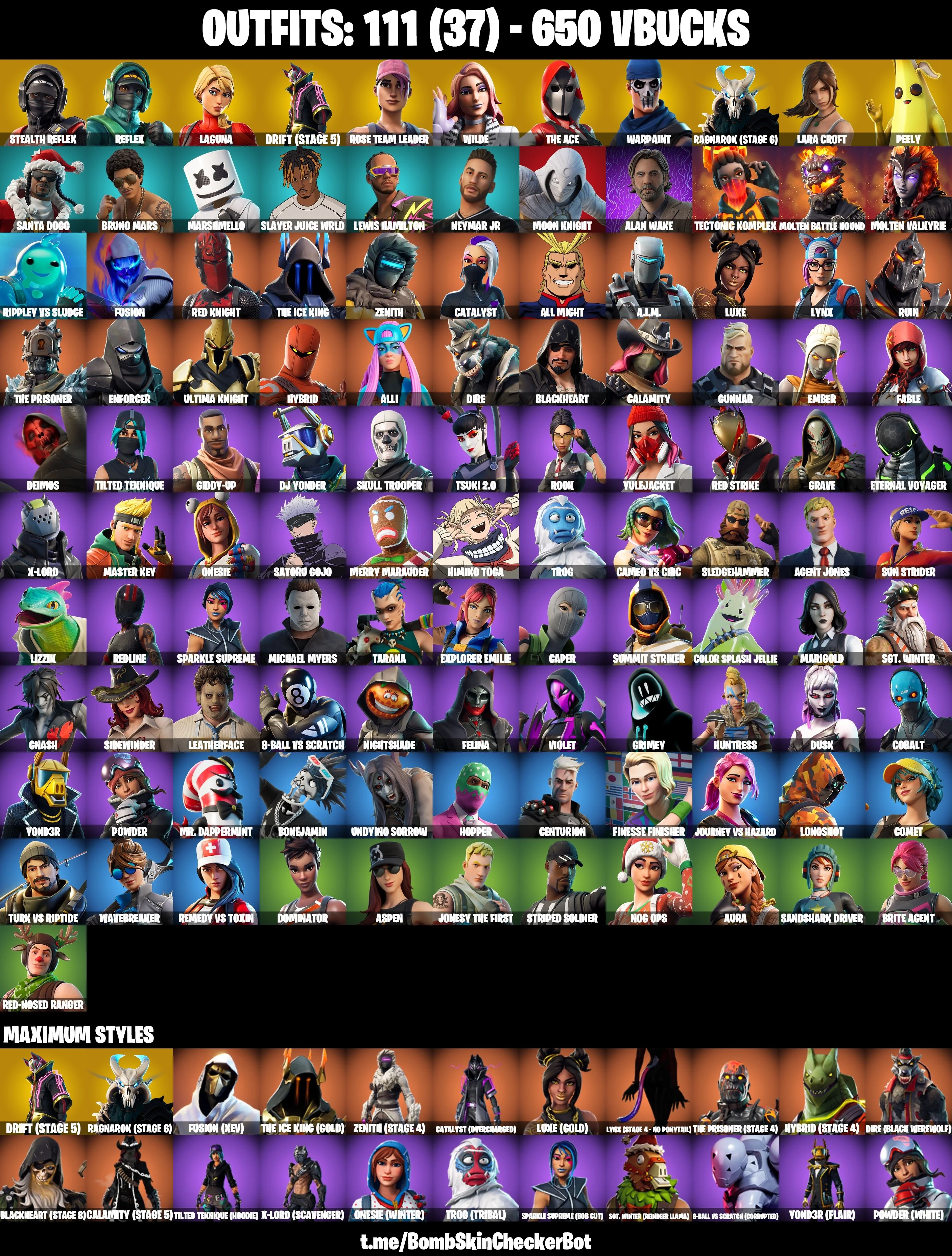 111 Skins|Stealth Reflex,Reflex,Laugh It Up,Hot Marat,OG STW,Throwback Axe,Take The Elf,Wilde,Crowbar,Point It Out,Team Tomato,Laguna,Peely,Ragnarok Stage 6,Dri — image 1