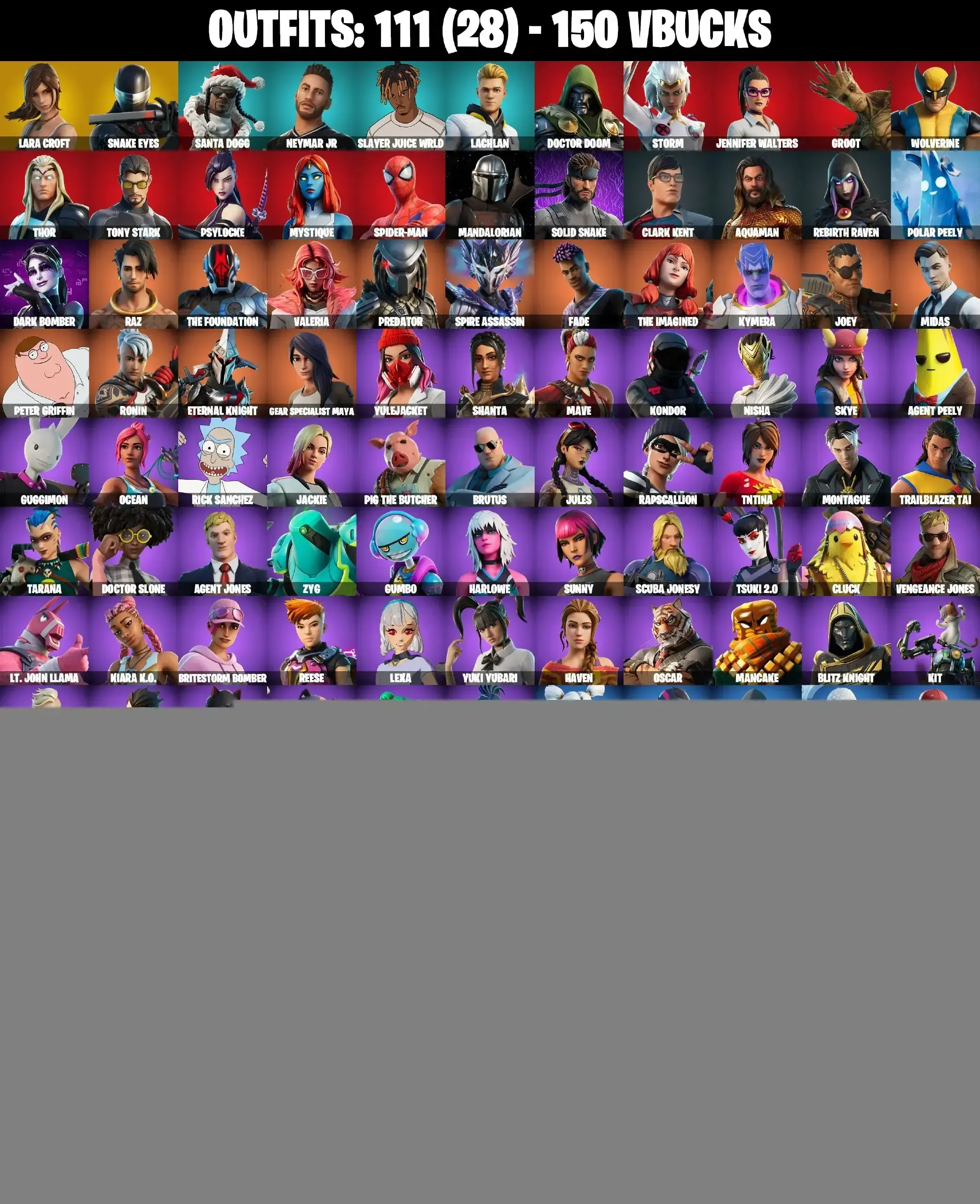 111 SKINS ⸱ LAUGH IT UP ⸱ GO MUFASA ⸱ LARA CROFT ⸱ REBIRTH RAVEN ⸱ FADE ⸱ MIDAS ⸱ MAYA ⸱ SKYE ⸱ AGENT PEELY ⸱ ETERNAL KNIGHT ⸱ JULES ⸱ TNTINA ⸱ LEXA ⸱ MANCAKE ⸱ MEOWSCLES ⸱ KIT ⸱ THE GOOD DOCTOR ⸱ DIAMOND DIVA ⸱ SPARKPLUG ⸱ DIZZIE — image 1
