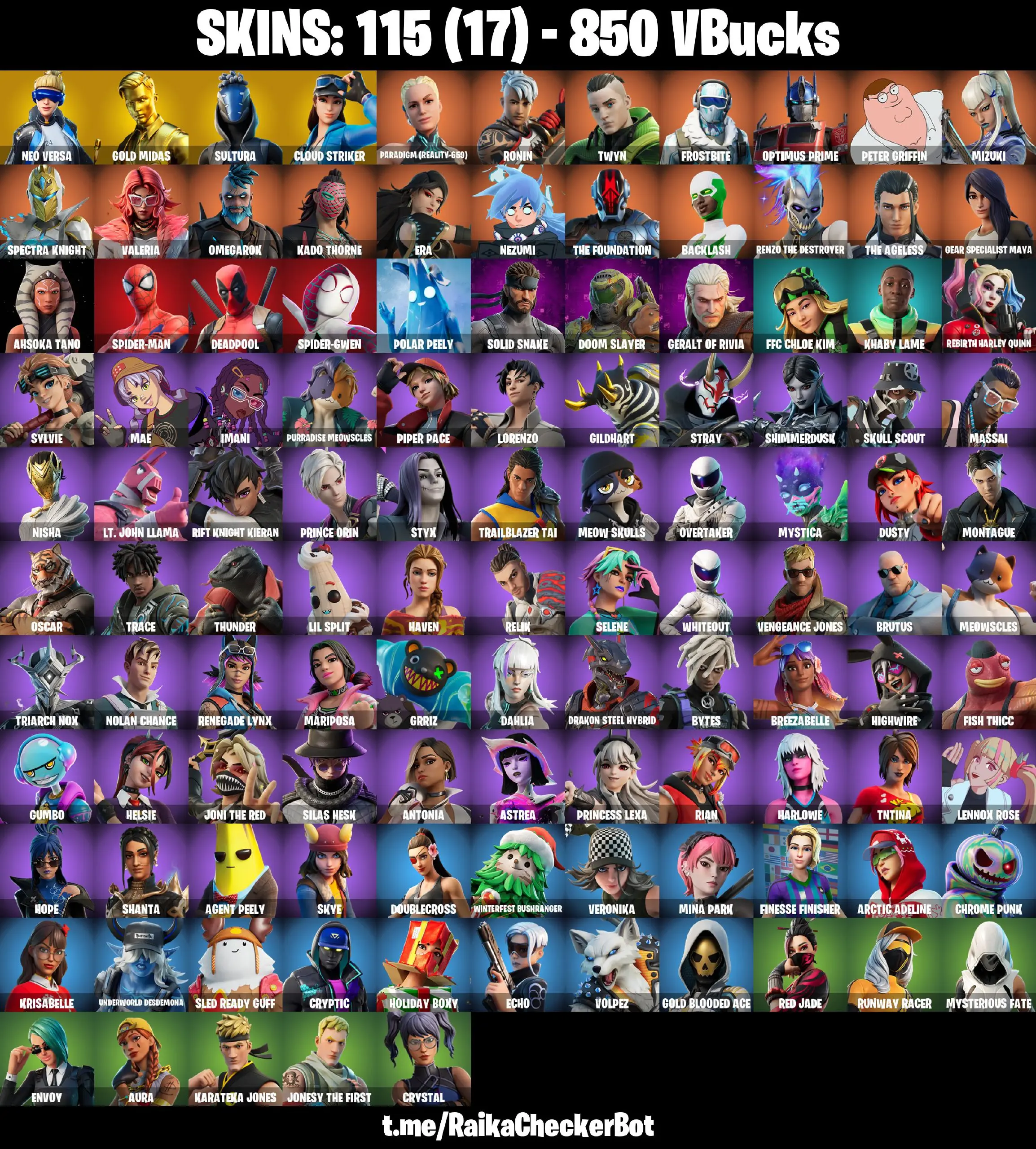 👑115 Skins 👑PC/PSN/XBOX👑 Neo Versa 👑 Gold Midas 👑 Sultura 👑 Cloud Striker 👑 Paradigm (Reality-659) 👑 Ronin 👑 Twyn 👑 Frostbite 👑 Optimus Prime 👑 Peter Griffin 👑
