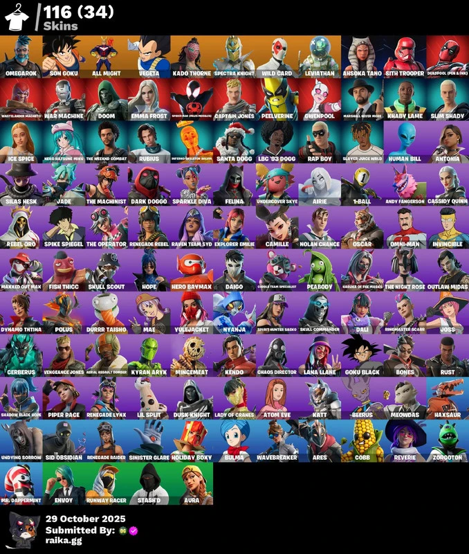 116 skins | Renegade Raider | Omegarok | Son Goku | All Might | Vegeta | Kado Thorne | Spectra Knight | Wild Card | Leviathan | Ahsoka Tano | 200 VB
