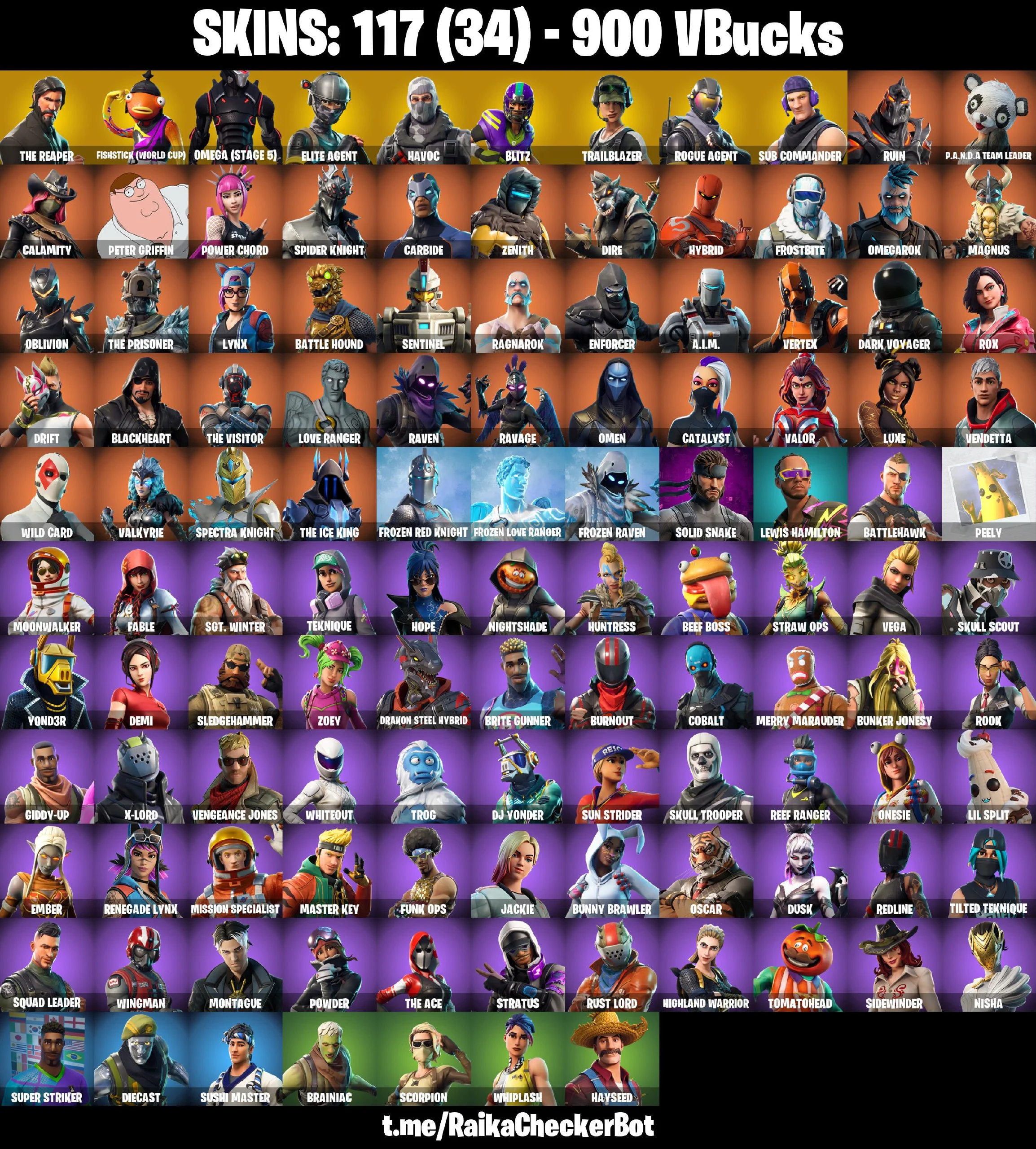 117 SKINS | The Reaper | Omega (Stage 5) | Fishstick (World Cup) | Elite Agent | Rogue Agent | Blitz | Reaper | Crowbar | [PC/PSN/XBOX] | 900 VB