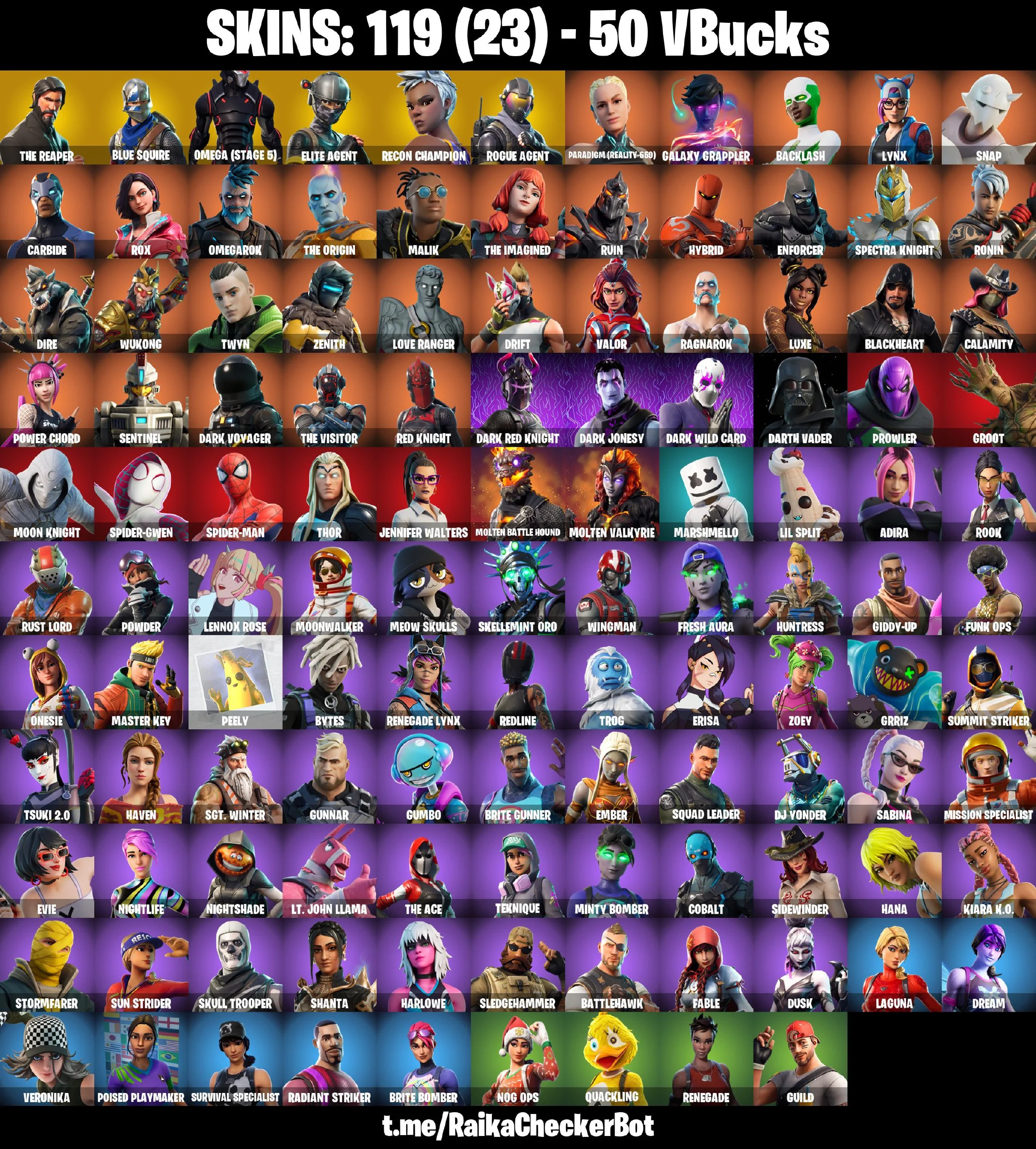 119 SKINS | Blue Squire | The Reaper | Omega (Stage 5) | Spider-Gwen | Take The L | Rogue Agent | Elite Agent | [PC/PSN/XBOX/NINTENDO]