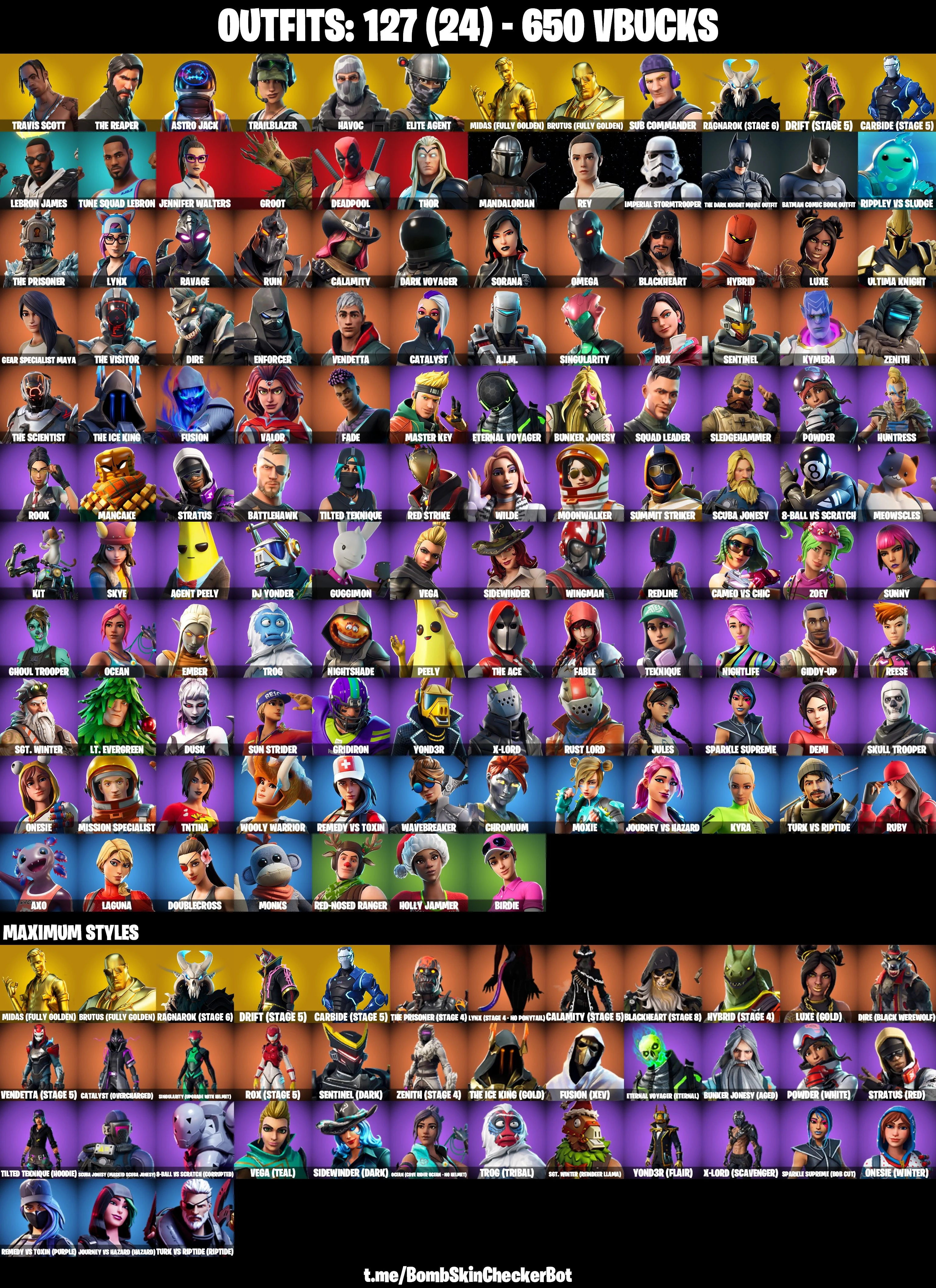 127 Skins|Travis Scott,The Reaper,Hot Marat,Take The L,Rage,Trailblazer,Astro Jack,Diamond Jack,Head Banger,Take The Elf,Ghoul Trooper,Skull Trooper — image 1