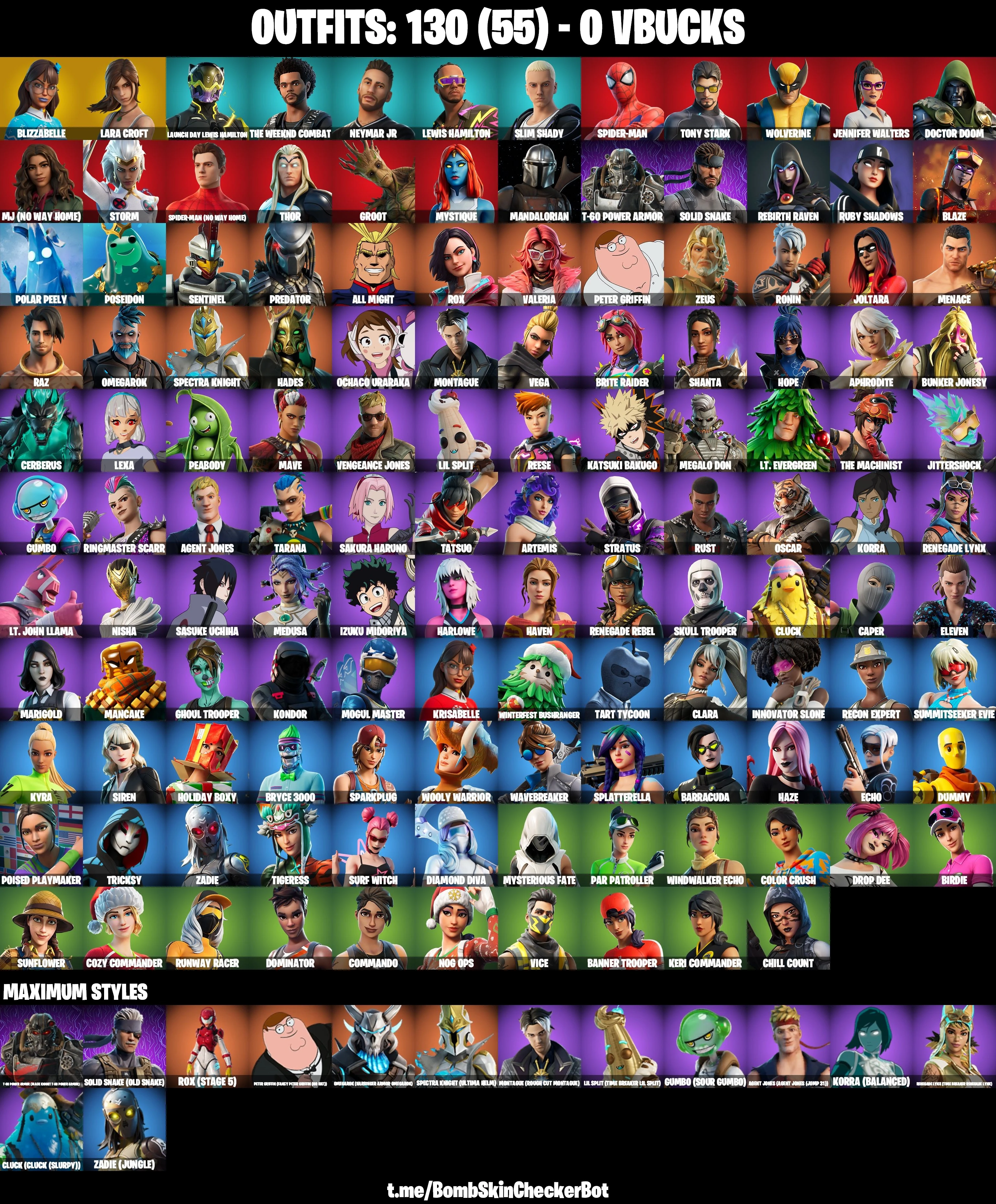 130 Skins|Leviathan Axe,Laugh It Up,Throwback Axe,Sing Along,Tony Stark,The Axe Of Champions 2.0,Lara Croft,Neymar Jr,Star Wand,Harley Hitter,Candy Axe,Ice Brea — image 1