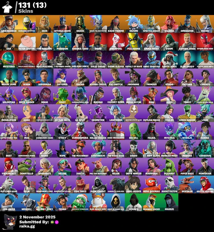 131 skins | Lina Scorch | Subzero Cryptic | Zeus | Optimus Prime | Hades | Renzo the Destroyer | Kado Thorne | Nezumi | Spectra Knight | 650 VB