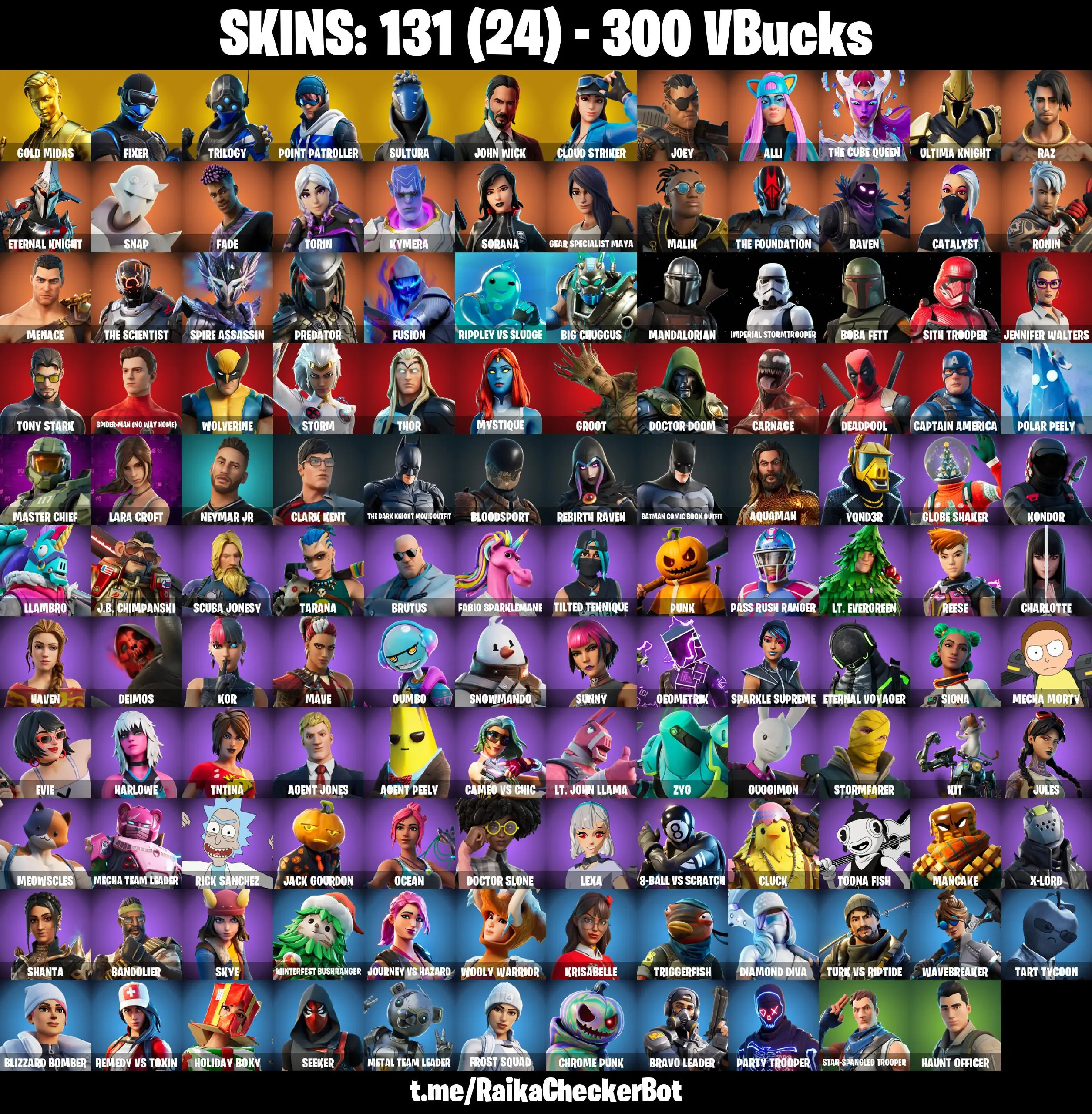 👑131 Skins 👑PC/PSN/XBOX👑 Master Chief 👑 Gold Midas 👑 Fixer 👑 Trilogy 👑 Point Patroller 👑 Sultura 👑 John Wick 👑 Cloud Striker 👑 Joey 👑 Alli 👑 The Cube Queen 👑