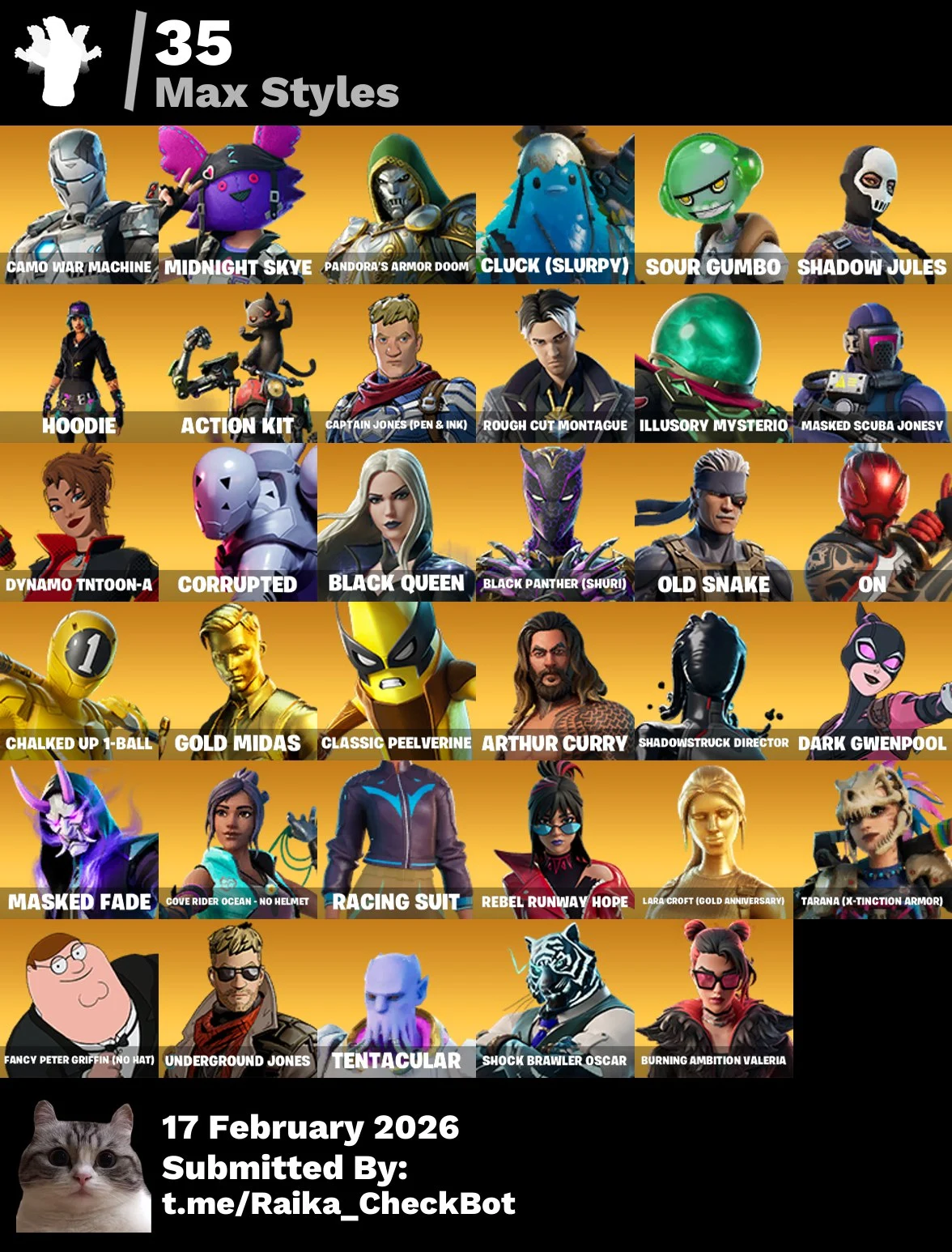 132 Skins OG STW Gold Midas 👑 Peter Griffin Predator ⚔️ Spire Assassin Kymera 👽 Fade 🌫️ Raz 🔮 Gear Specialist Maya 🛠️ Velocity ✈️ Valeria 🔥 250 VB 💰 24/7 Support ⏰ Anti-Ban [ PC Xbox PS ]