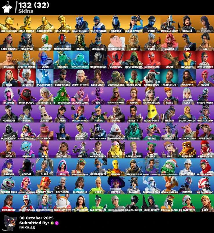 132 skins | Gold Meowscles | Gold TNTina | Gold Brutus | Gold Midas | Cobalt Snowfoot | Point Patroller | Sultura | Cloud Striker | Fixer | 250 VB