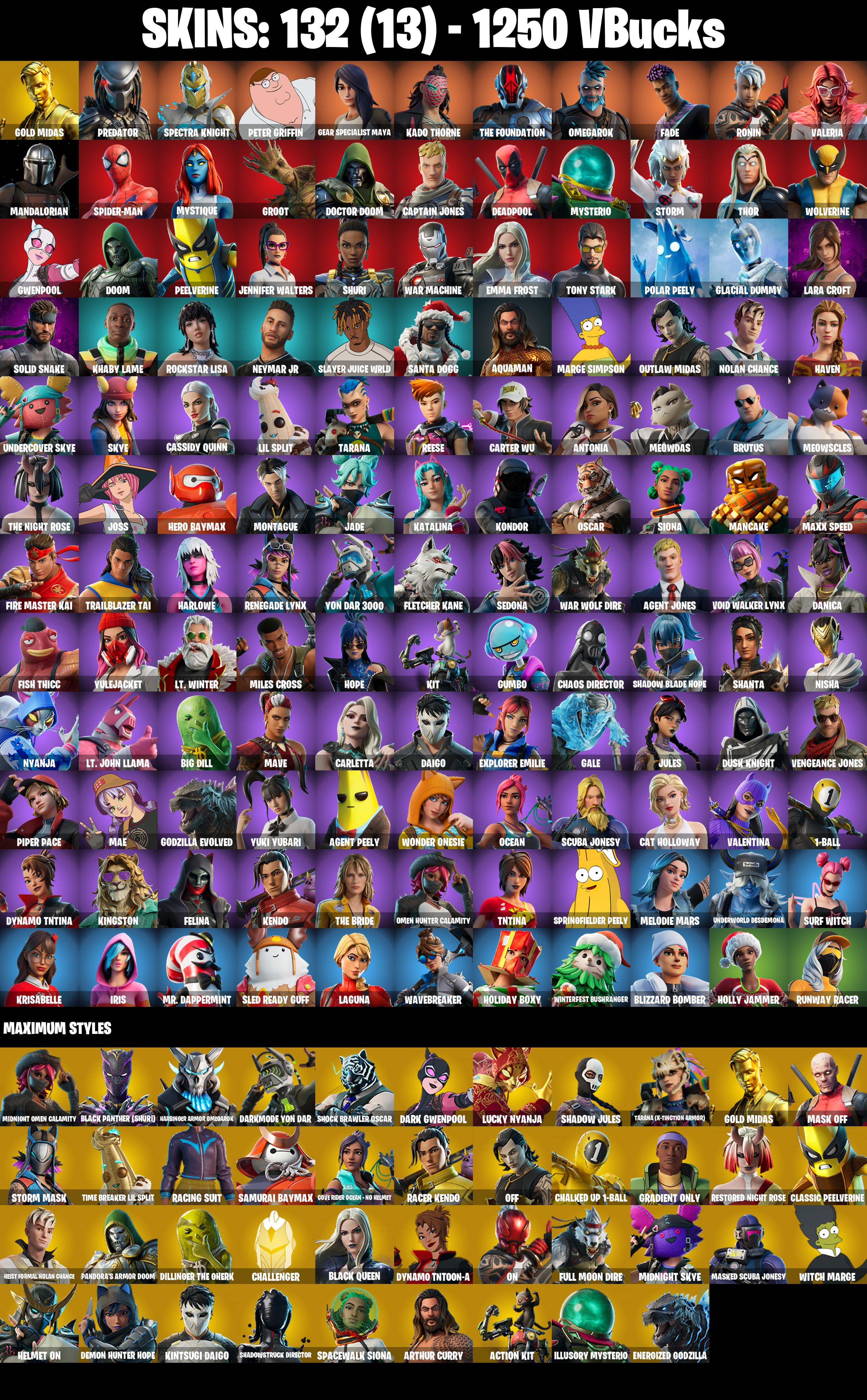 132 SKINS π Gold Midas π Predator π Spectra Knight π Peter Griffin π Gear Specialist Maya π Kado Thorne π 1250 V-Bucks (PC/PSN/XBOX) PARENTAL CONTROL β image 2