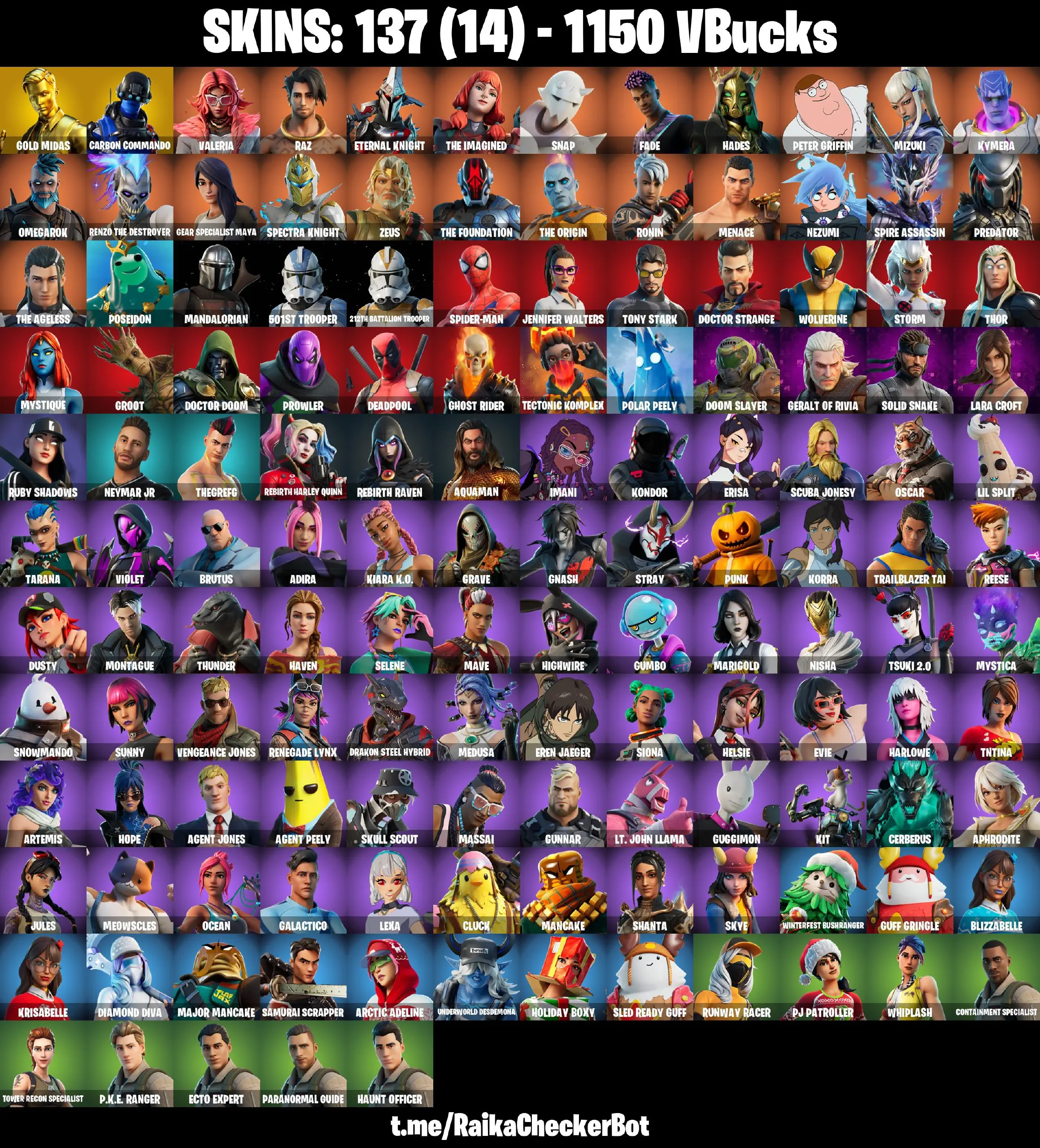 👑137 Skins 👑PC/PSN/XBOX👑 Gold Midas 👑 Carbon Commando 👑 Valeria 👑 Raz 👑 Eternal Knight 👑 The Imagined 👑 Snap 👑 Fade 👑 Hades 👑 Peter Griffin 👑 Mizuki 👑 Kymera 👑