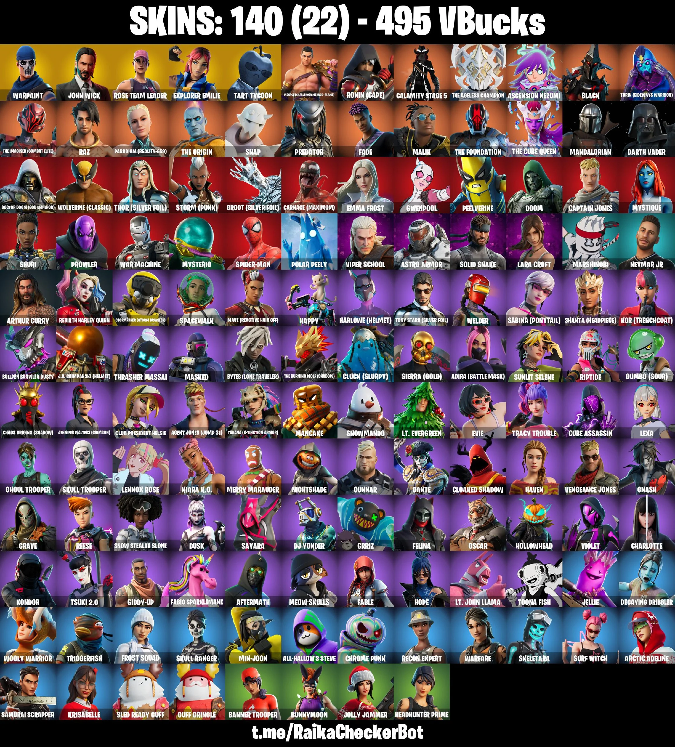 140 SKINS | OG STW | Lara Croft | John Wick | Darth Vader | Reaper | Harley Hitter | Rambunctious | Recon Expert | Ghoul Trooper | [PC/PSN/XBOX] | 495 VB