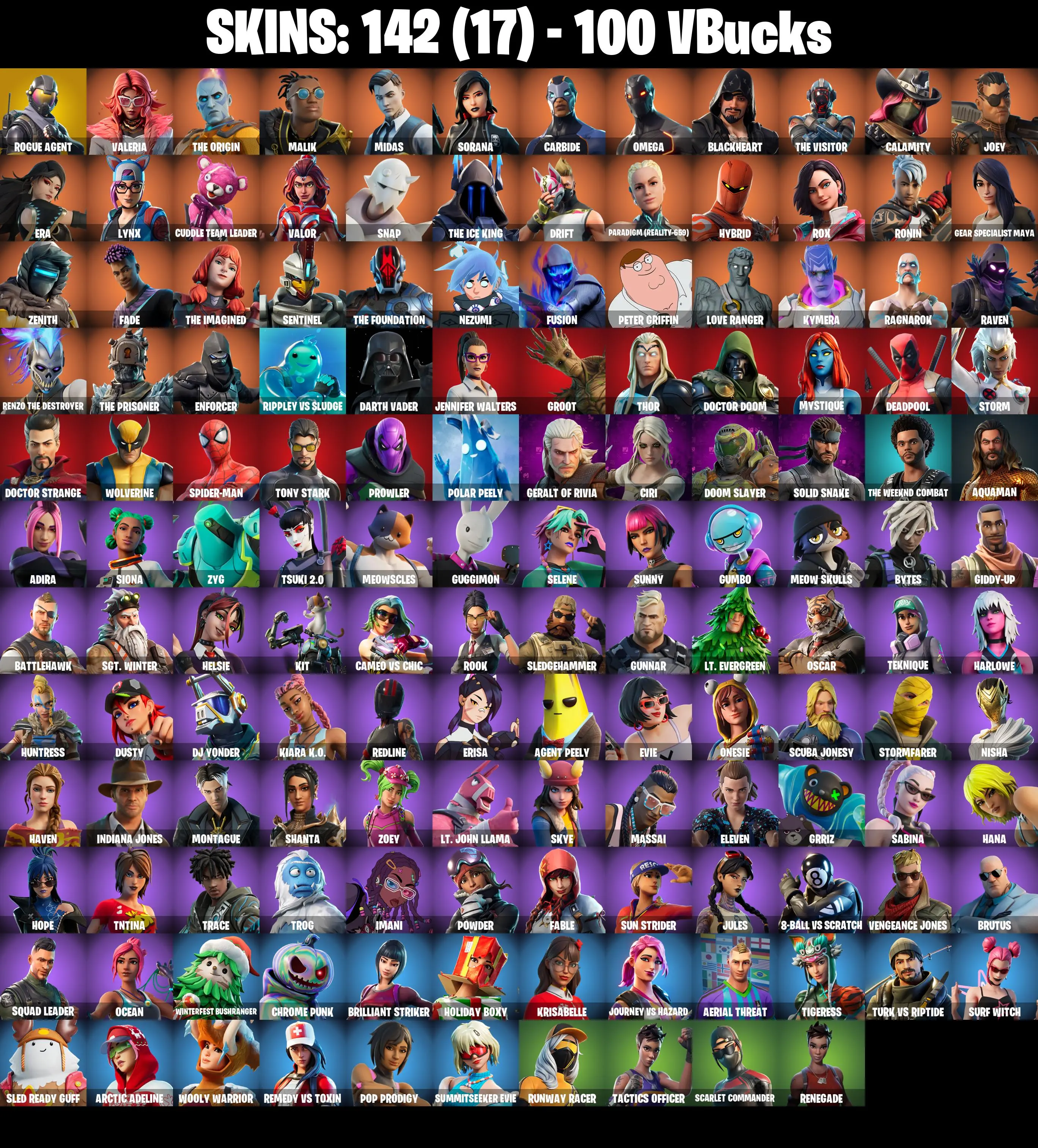 142 SKINS ✨ Rogue Agent ✨ Valeria ✨ The Origin ✨ Malik ✨ Midas ✨ Sorana ✨ Carbide ✨ Omega ✨ Blackheart ✨ The Visitor ✨ 100 V-Bucks (PC/XBOX) — image 2