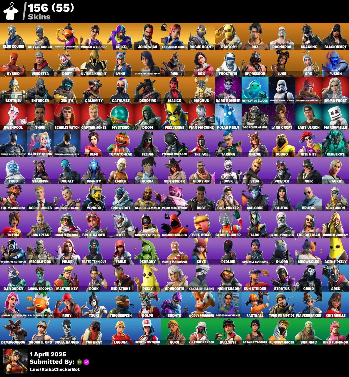 156 SKINS | Blue Squire | Royale Knight | John Wick | Lara Croft | Batman | Clutch | Candy | Reaper | Mako | Orange Just — image 1