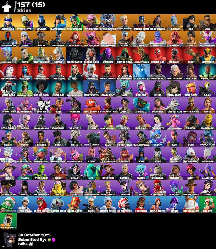 157 skins | Neo Versa | Subzero Cryptic | Sultura | Cloud Striker | FNCS Renegade | Vivi Chroma | Spire Assassin | Paradigm (Reality-659) | 900 VB