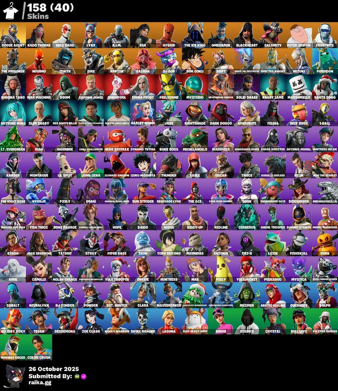 158 skins | Rogue Agent | Kado Thorne | Wild Card | Lynx | A.I.M. | Era | Hybrid | The Ice King | Omegarok | Blackheart | Calamity | 0 VB