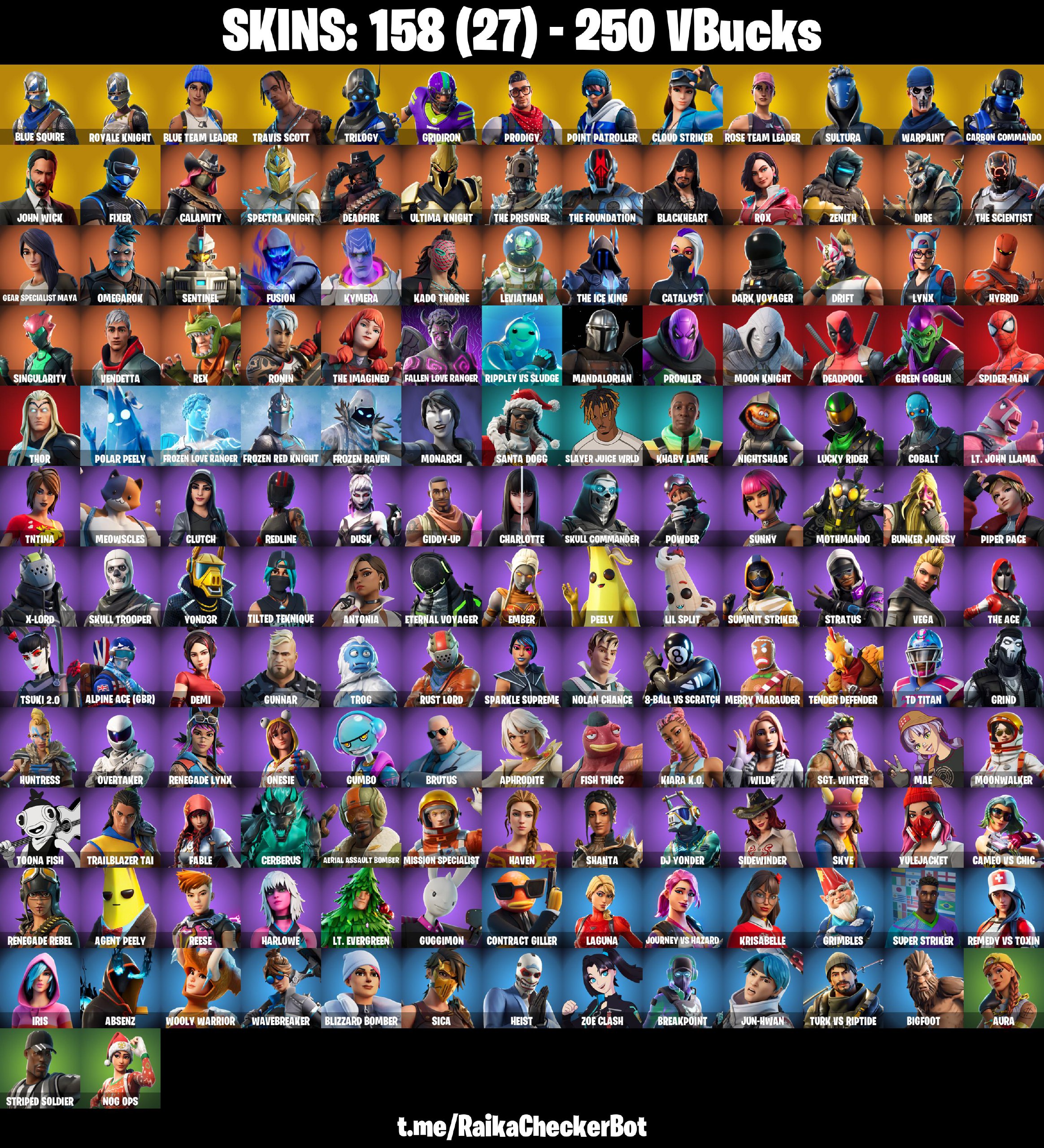 158 skins 🔷 Travis Scott 🔷 Royale Knight 🔷 Blue Squire 🔷 Take The L 🔷 Trilogy 🔷 Gridiron 🔷 Prodigy 🔷 Point Patroller PSN/XBOX/PC