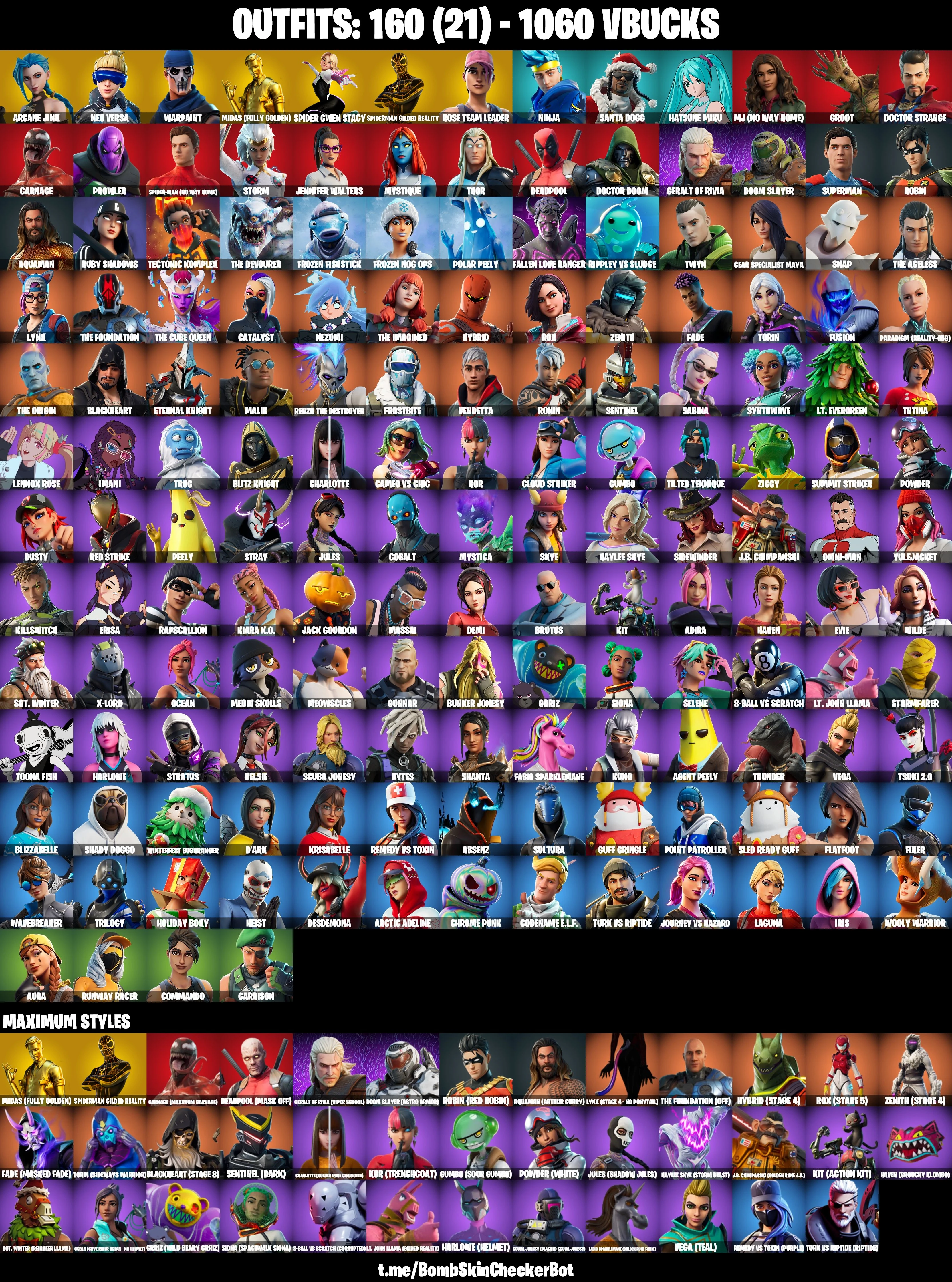 160 Skins|Merry Minty Axe,Arcane Jinx,Spidergwen Stacy,Hot Marat,OG STW,Rage,Neo Versa,Midas,Take The Elf,Harley Hitter,Aura,Erisa,Trilogy,Point Patro — image 1