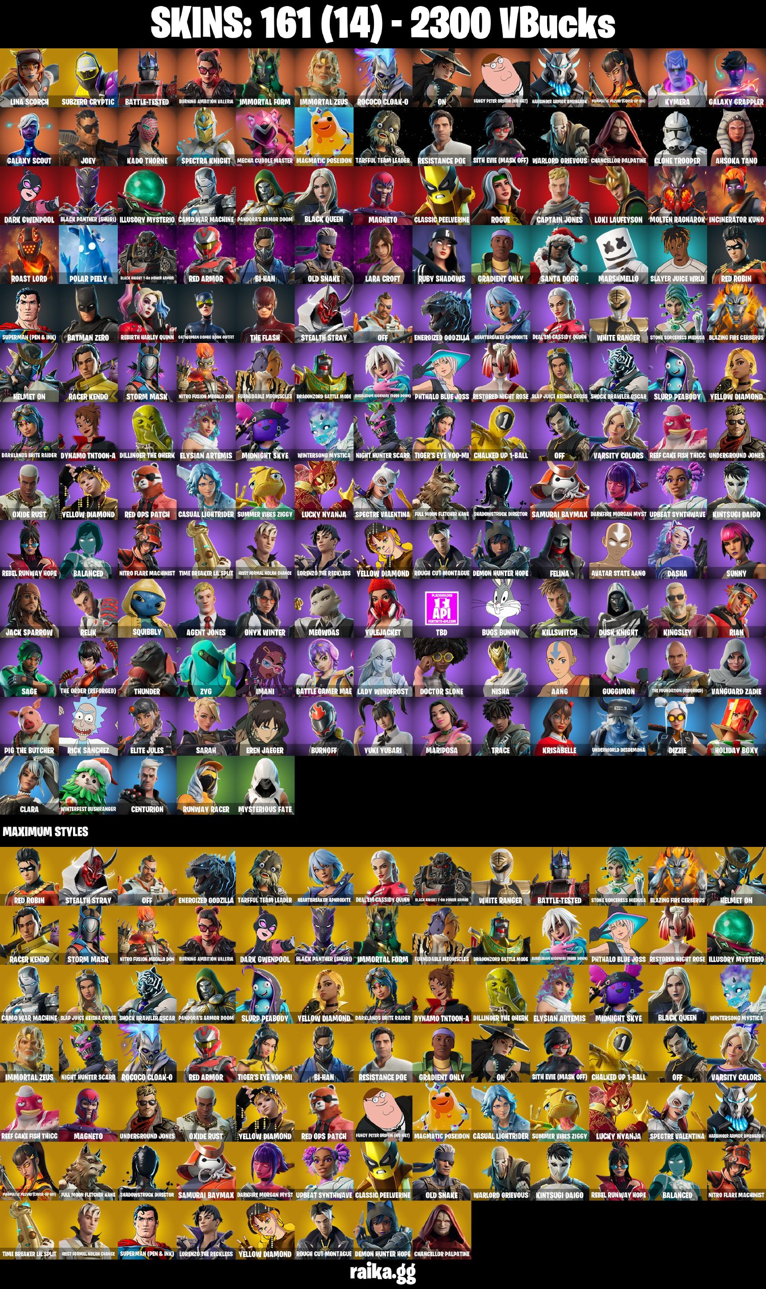 161 skins 🩸 Lina Scorch 🩸 Subzero Cryptic 🩸 Battle-Tested 🩸 Burning Ambition Valeria 🩸 Immortal Form 🩸 Immortal Zeus 🩸 Rococo Cloak-o 🩸 On 🩸 Fancy Peter Griffin (No Hat) 🩸 Harbinger Armor Omegarok 🩸 Magmatic Mizuki (Cover-up Off) 🩸 A4005
