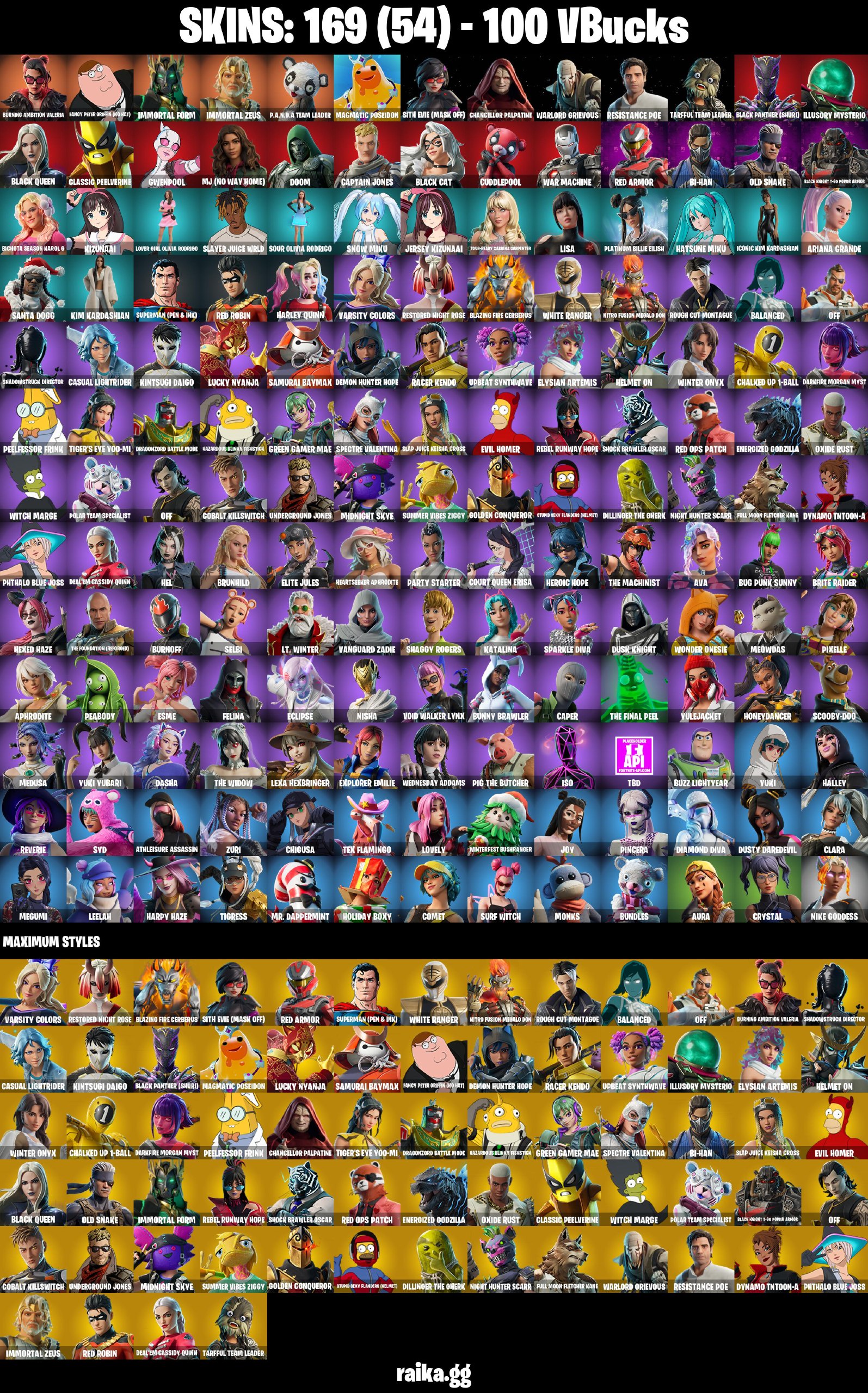169 skins 🩸 Burning Ambition Valeria 🩸 Fancy Peter Griffin (No Hat) 🩸 Immortal Form 🩸 Immortal Zeus 🩸 P.A.N.D.A Team Leader 🩸 Magmatic Poseidon 🩸 Sith Evie (mask off) 🩸 Chancellor Palpatine 🩸 Warlord Grievous 🩸 Resistance Poe 🩸 A4397