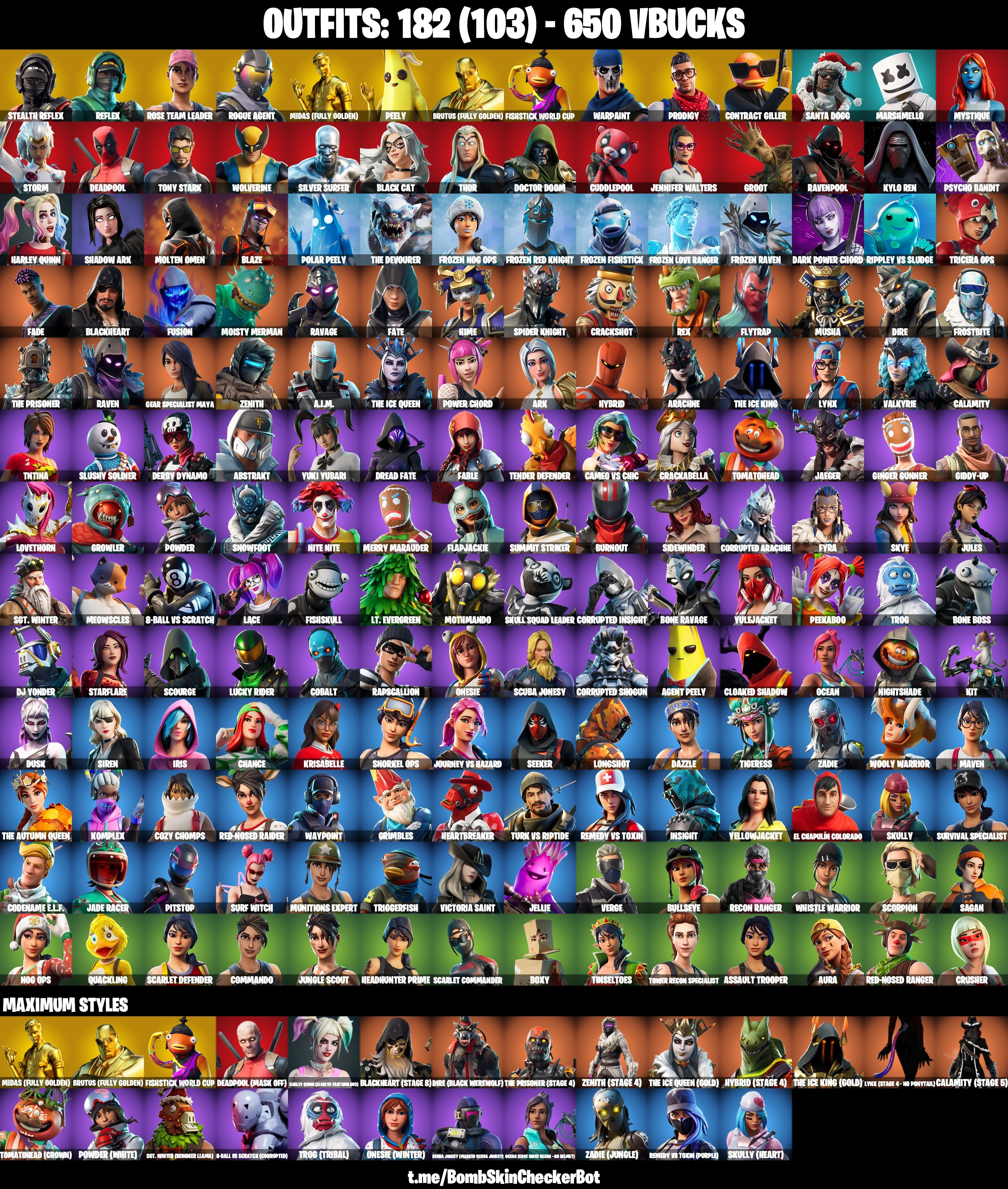 182 Skins|Stealth Reflex,Reflex,Merry Minty Axe,Laugh It Up,Fishstick World Cup,OG STW,Throwback Axe,Take The Elf,Midas Fully Golden,Contract Giller,I Ain't Afr — image 1