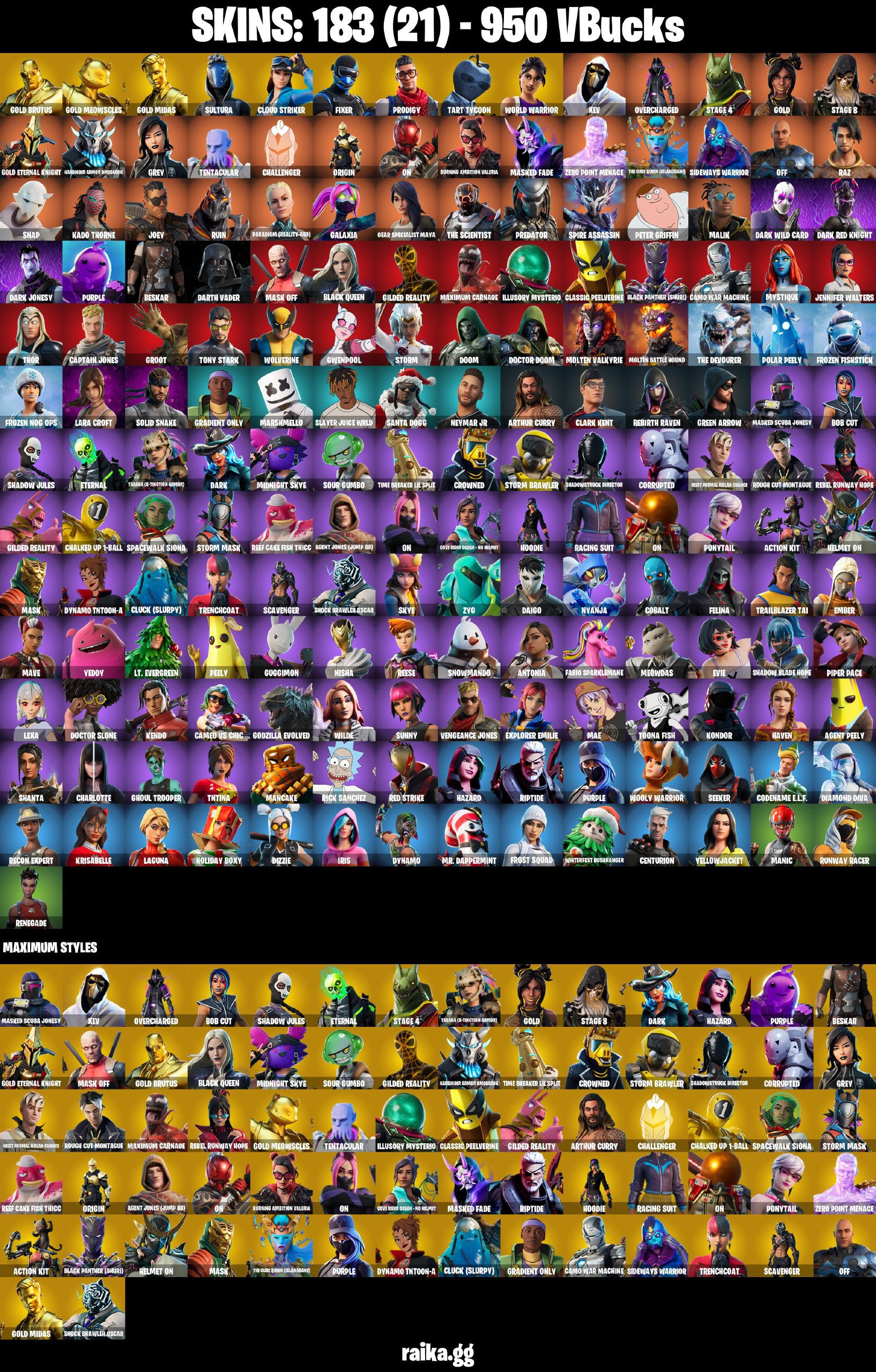 183 skins 🩸 Gold Brutus 🩸 Gold Meowscles 🩸 Gold Midas 🩸 Sultura 🩸 Cloud Striker 🩸 Fixer 🩸 Prodigy 🩸 Tart Tycoon 🩸 World Warrior 🩸 XEV 🩸 OVERCHARGED 🩸 STAGE 4 🩸 GOLD 🩸 STAGE 8 🩸 GOLD ETERNAL KNIGHT 🩸 Harbinger Armor Omegarok 🩸 A4227