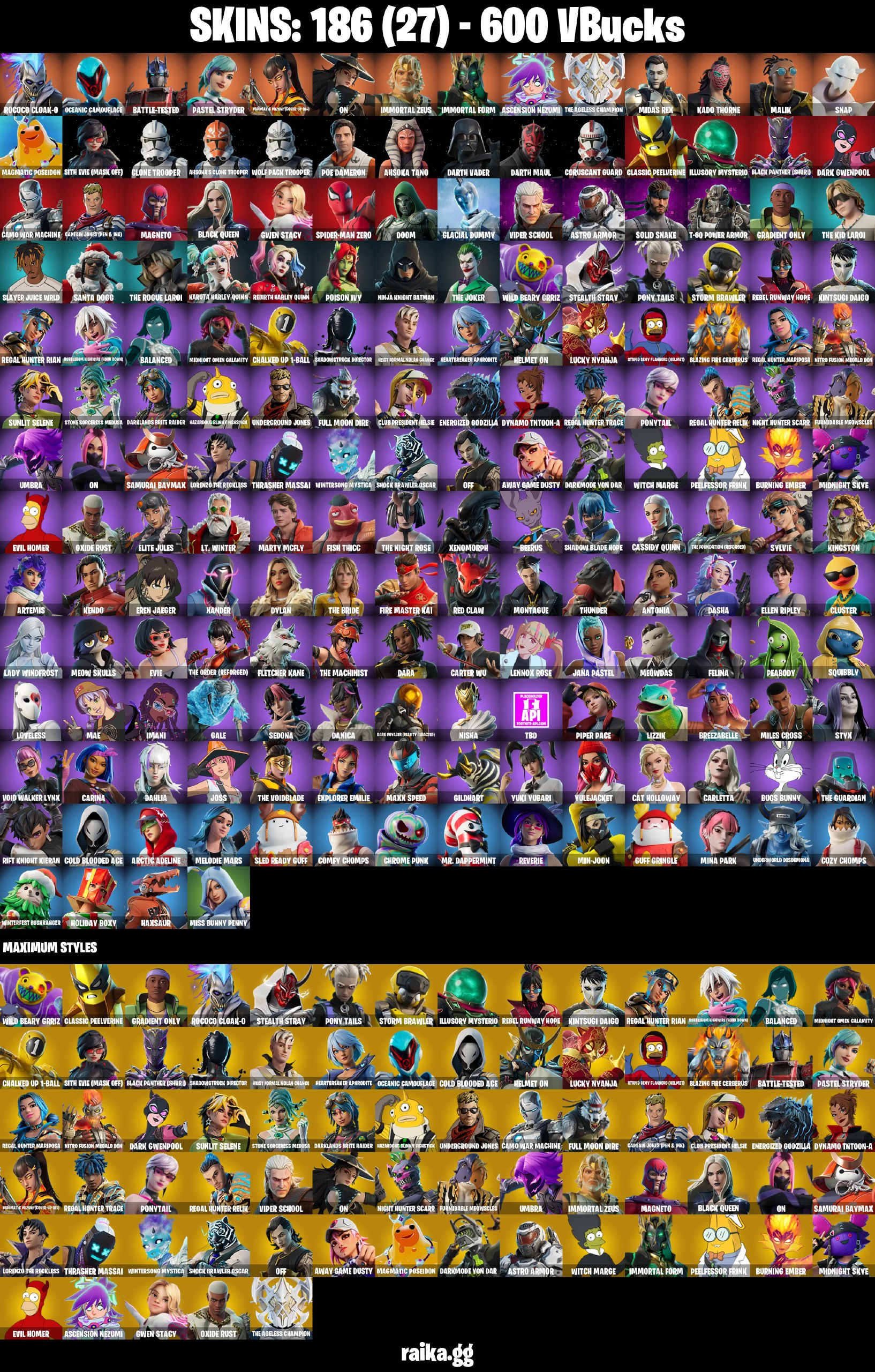 186 skins 🩸 Rococo Cloak-o 🩸 Oceanic Camouflage 🩸 Battle-Tested 🩸 Pastel Stryder 🩸 Magmatic Mizuki (Cover-up Off) 🩸 On 🩸 Immortal Zeus 🩸 Immortal Form 🩸 Ascension Nezumi 🩸 The Ageless Champion 🩸 Midas Rex 🩸 Kado Thorne 🩸 Malik 🩸 A4060