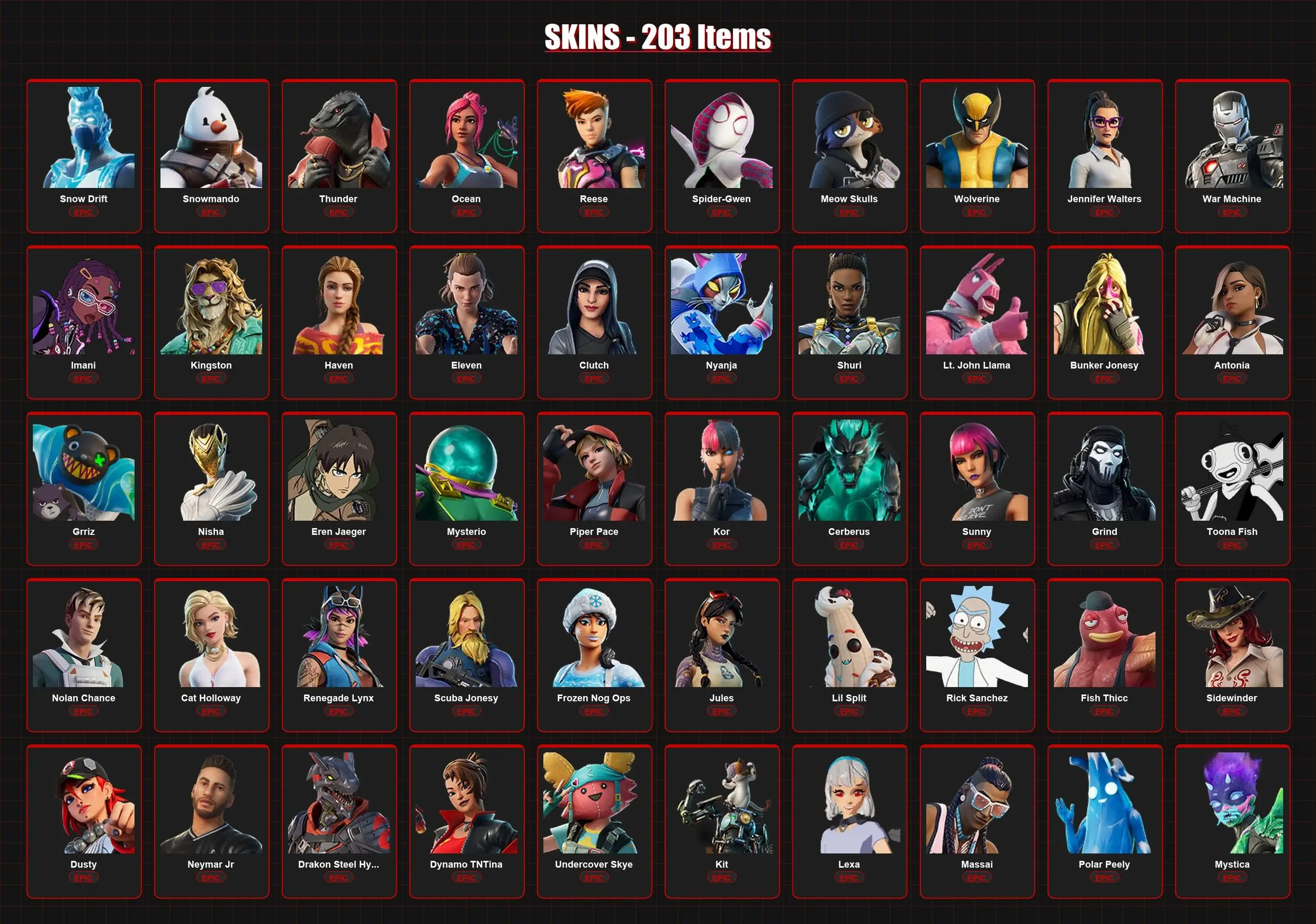 203 Skins | Victor Elite | Darth Vader | Kymera | Joey | The Origin | Mizuki | Peter Griffin | Paradigm (Reality-659) | Galaxy Scout | Menace | Lvl 2887 — image 2