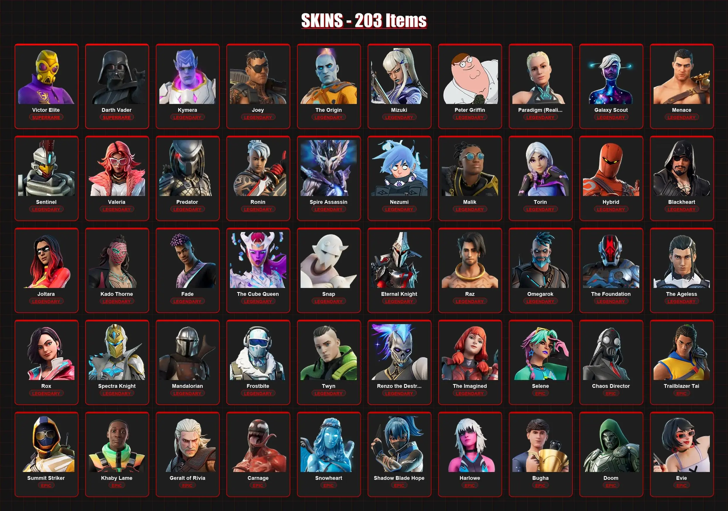 203 Skins | Victor Elite | Darth Vader | Kymera | Joey | The Origin | Mizuki | Peter Griffin | Paradigm (Reality-659) | Galaxy Scout | Menace | Lvl 2887 — image 1