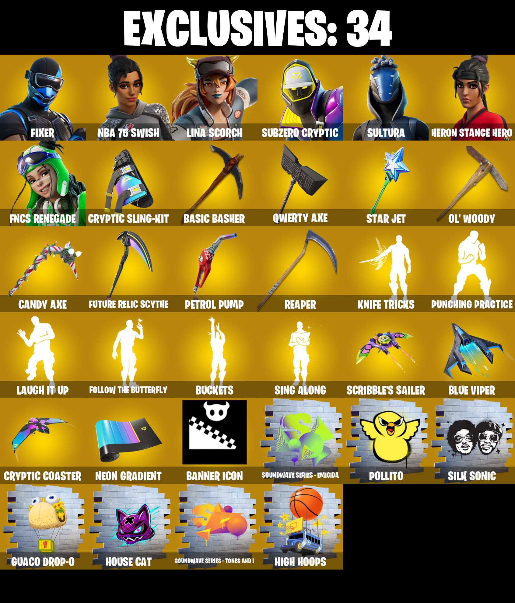 206 SKINS ✨ Fixer ✨ NBA 75 Swish ✨ Lina Scorch ✨ Subzero Cryptic ✨ Sultura ✨ Heron Stance Hero ✨ FNCS Renegade ✨ Vivi Chroma ✨ Torin ✨ 1300 VB (PC/PSN/XBOX)