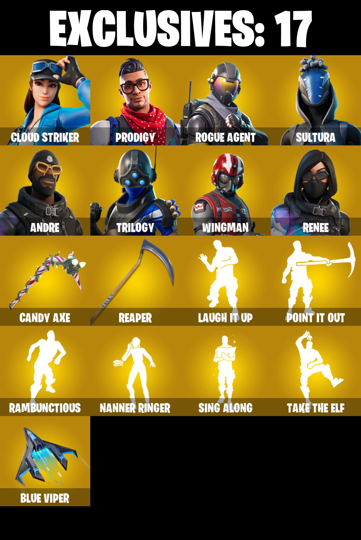 209 SKINS ✨ Cloud Striker ✨ Prodigy ✨ Rogue Agent ✨ Sultura ✨ Andre ✨ Trilogy ✨ Renee ✨ Gear Specialist Maya ✨ Torin ✨ Blackheart ✨ 9600 VB (PC/PSN/XBOX)