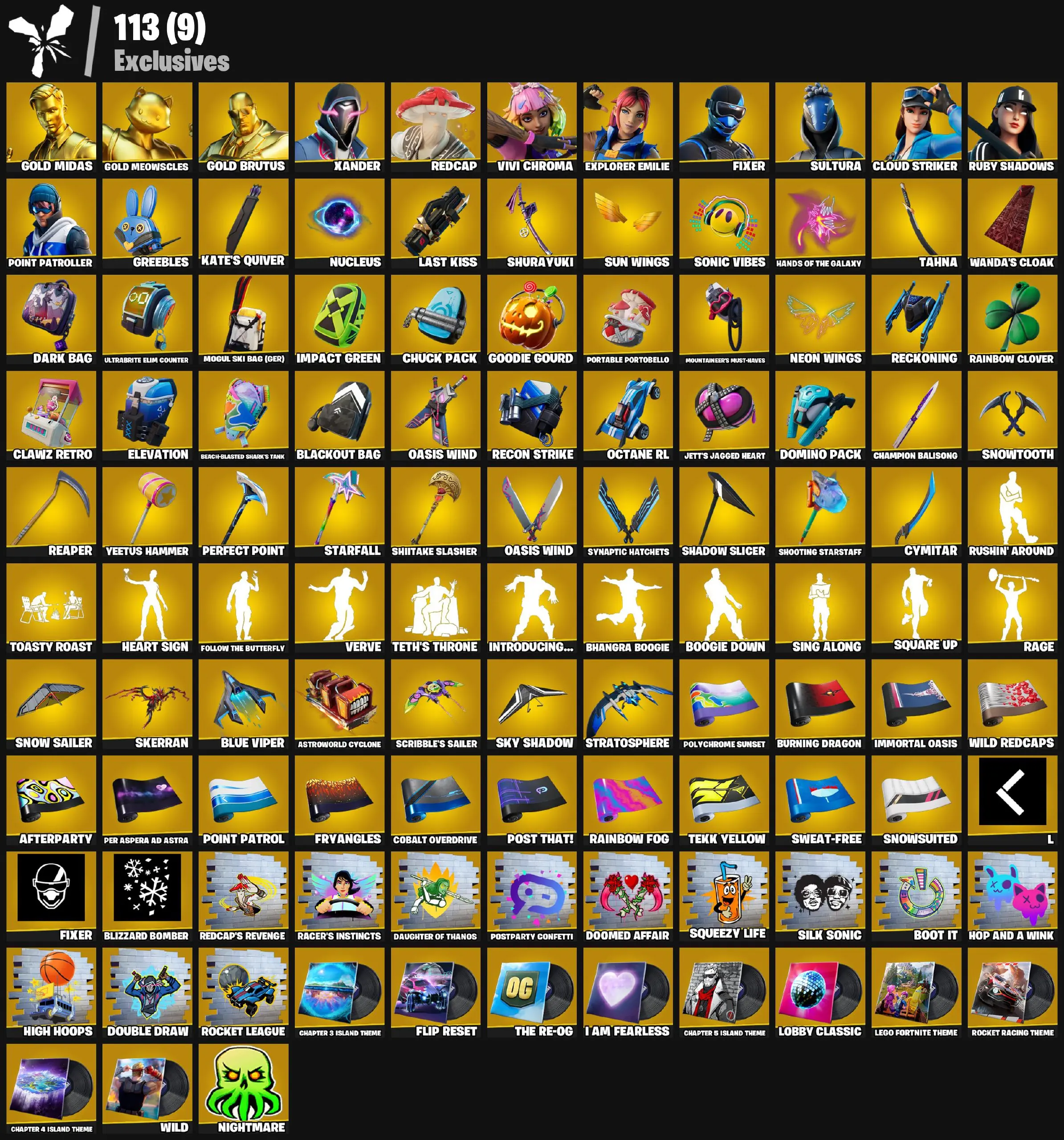 👷‍♂️ [210] SKINS | GOLD MIDAS | GOLD MEOWSCLES | GOLD BRUTUS | XANDER | REDCAP | VIVI CHROMA | EXPLORER EMILIE | FIXER | SULTURA | CLOUD STRIKER | POINT PATROLLER | ASCENSION NEZUMI | TORIN (SIDEWAYS WARRIOR) | 1260 VB