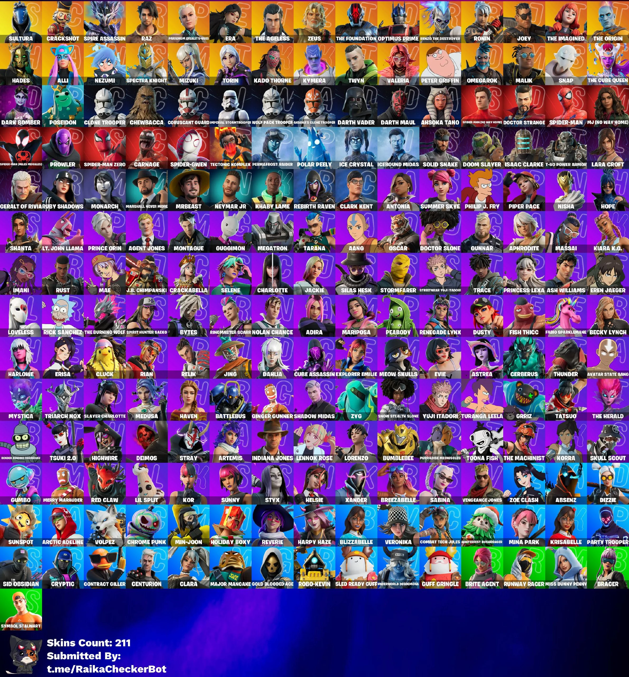 211 Skins  🎮 [PC / PSN / XBOX] 🗡️ Sultura 🎄 Crackshot 🗼 Spire Assassin 🌪️ Raz 🌌 Paradigm (Reality-659) 🕰️ Era 👑 The Ageless ⚡ Zeus 🏛️ The Foundation 🤖 Optimus Prime 👺 T00T