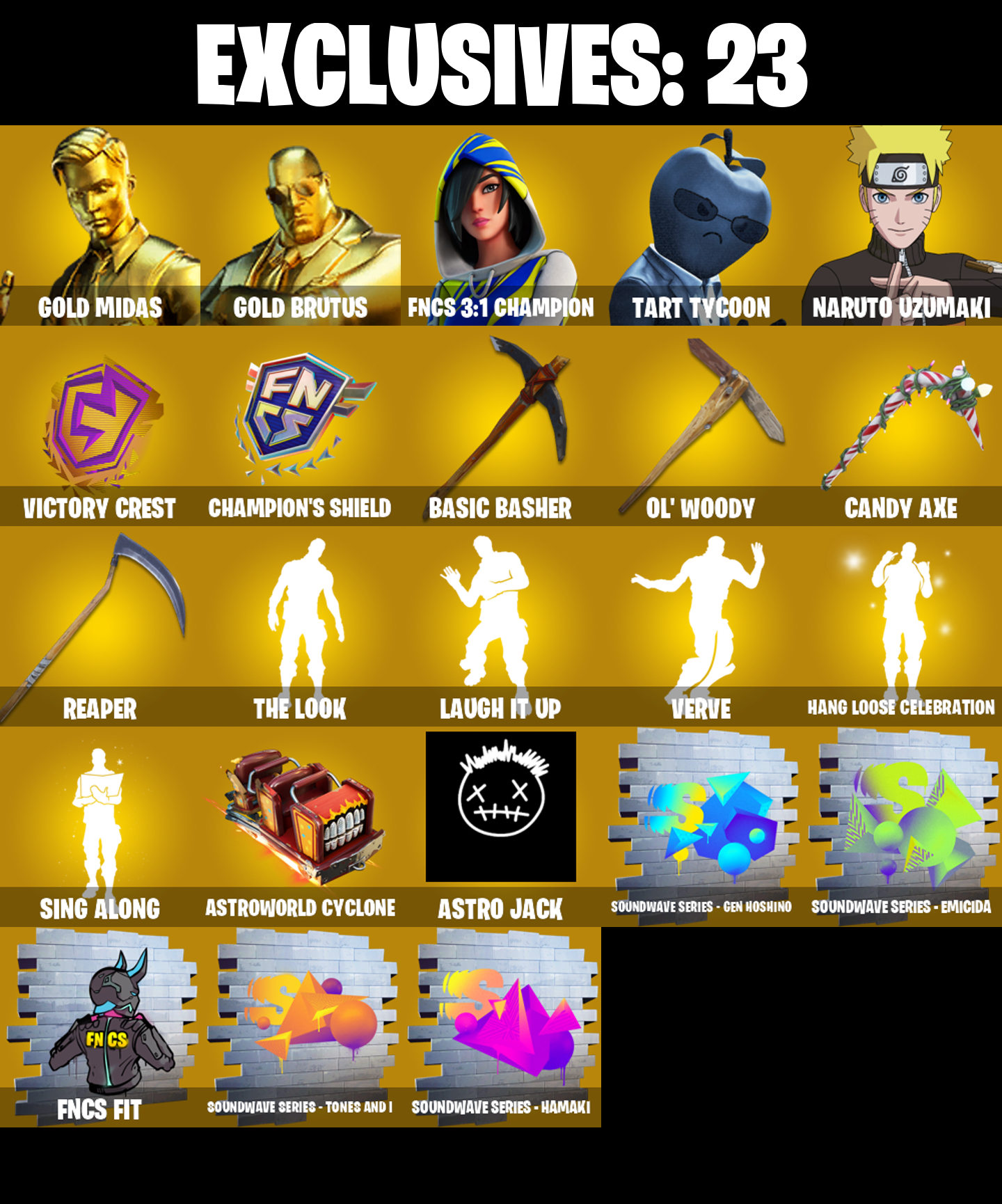 251 SKINS ✨ Gold Midas ✨ Gold Brutus ✨ FNCS 3:1 Champion ✨ Tart Tycoon ✨ Naruto Uzumaki ✨ Gear Specialist Maya ✨ Torin ✨ Kymera ✨ 2500 VB (PC/PSN/XBOX)