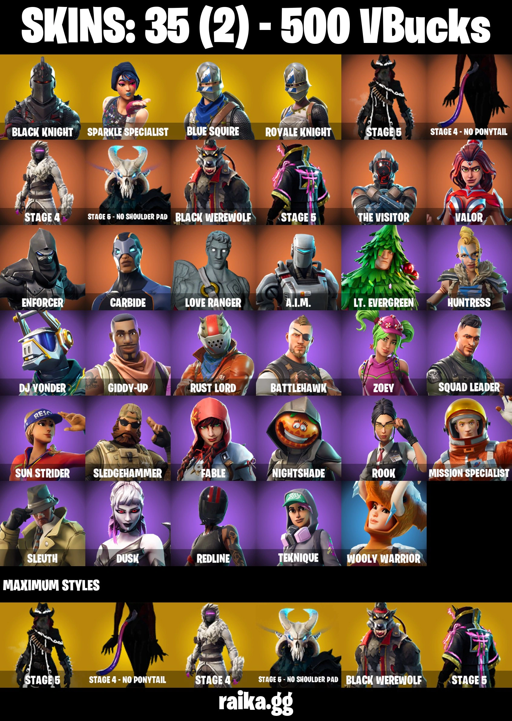 35 skins | Black Knight | Sparkle Specialist | Royale Knight | Blue Squire | Take The L | Floss | Orange Justice | STAGE 5 | Stage 4 ⸱ NO PONYTAIL | Stage 4 | STAGE 5 ⸱ No shoulder pad | BLACK WEREWOLF | STAGE 5 | The Visitor | Valor | Enforcer | A3514 — image 1