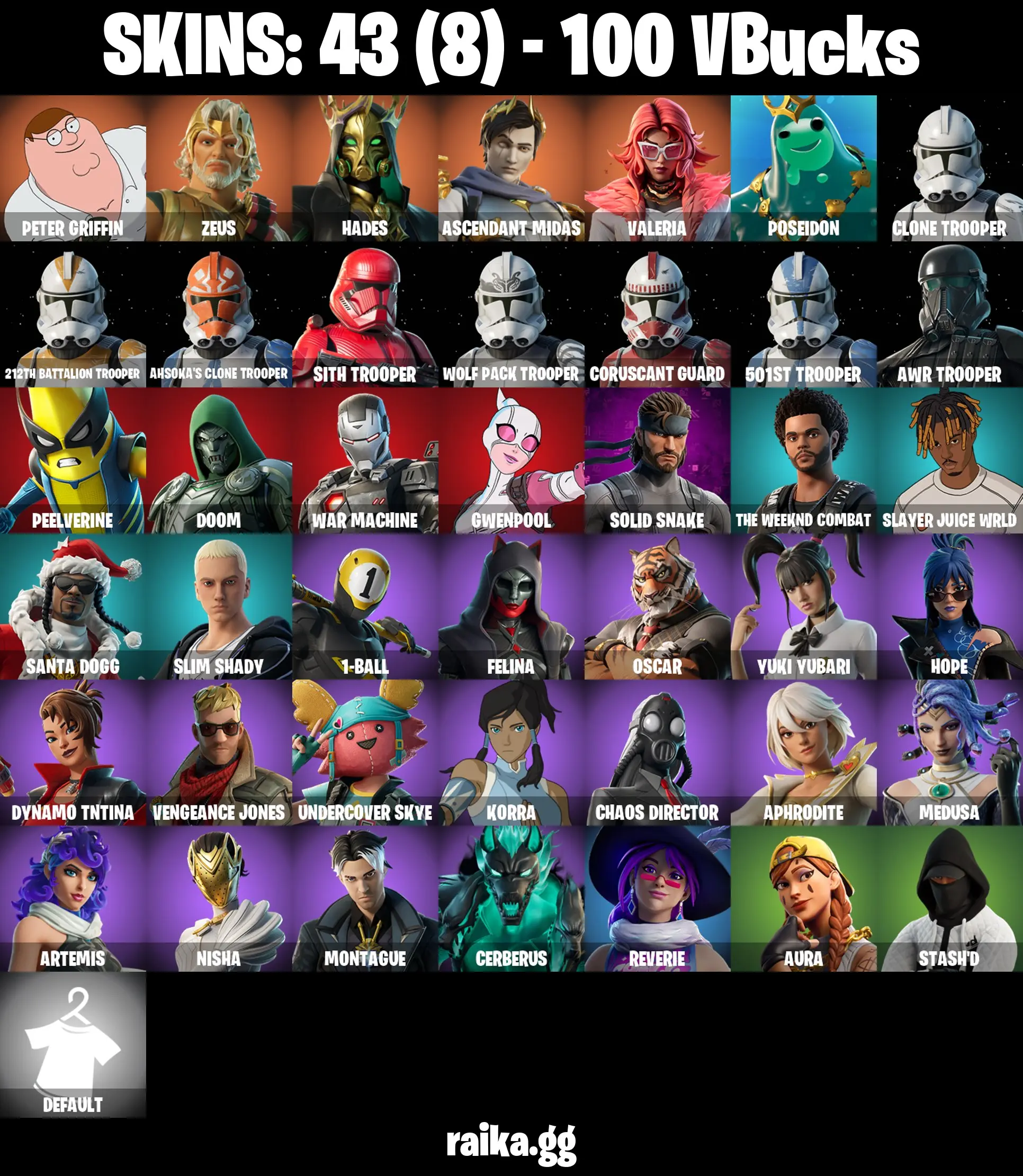 43 skins π Peter Griffin πΊ Zeus β‘ Hades π Ascendant Midas π Valeria βοΈ Poseidon π± Clone Trooper π« 212th Battalion Trooper ποΈ OGmFN1032 π β image 1